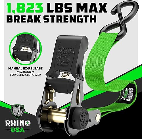 Miniatura 2 de Rhino USA - Correas de amarre con trinquete con máxima resistencia antiroturas de 1.823 lbs, incluye 4 unidades de 1 in x 15 ft con agarraderas