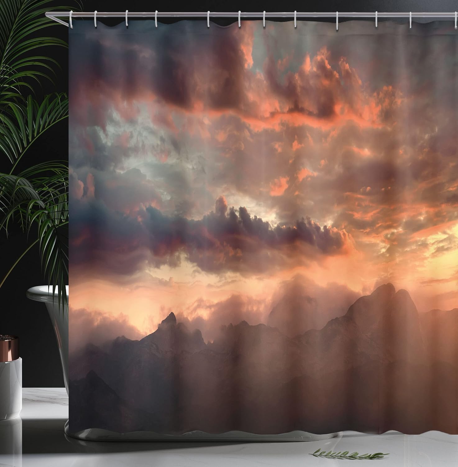 Ambesonne Clouds Shower Curtain, Fiery Sunset Over The Mountain Peaks Tops Formation Air Dusk Forecast Mist Zone Print, Cloth Fabric Bathroom Decor Set with Hooks, 69" W x 75" L, Mauve