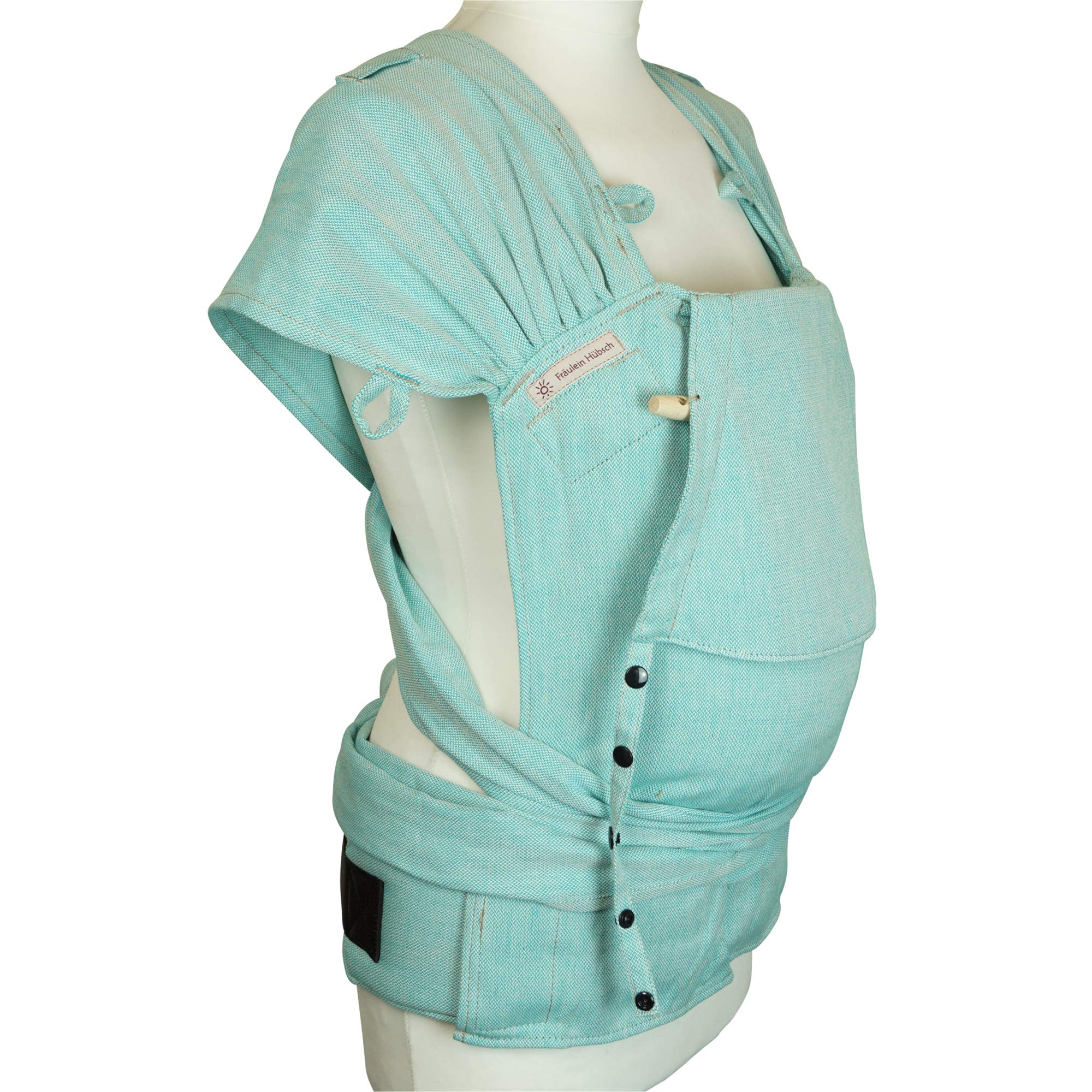 Fräulein Hübsch WrapCon Babysize in Aqua ab Geburt bis Kleinkindalter (50/56 – 80/86 cm) - Anhock-Spreiz-Haltung wie im Tragetuch - bequem gepolstertes Trage-Tuch-System
