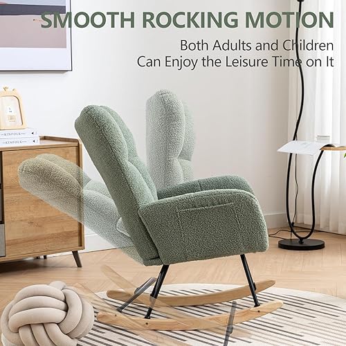 Miniatura 5 de Rocking Chair Nursery, Soft Teddy Velvet Fabric Rocking Chair for Nursery, Comfy Wingback Glider Rocker with Safe Solid Wood Base for Living Room