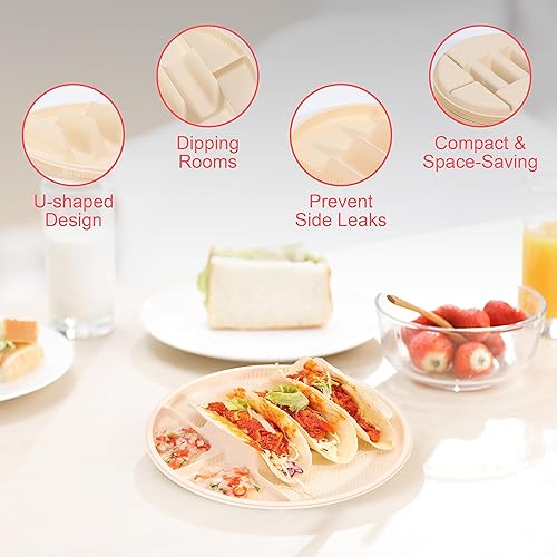 Miniatura 5 de Platos desechables grandes para tacos con lados de inmersión, paquete de 40, soporte de tacos biodegradable, tamaño grande para tortilla suave y