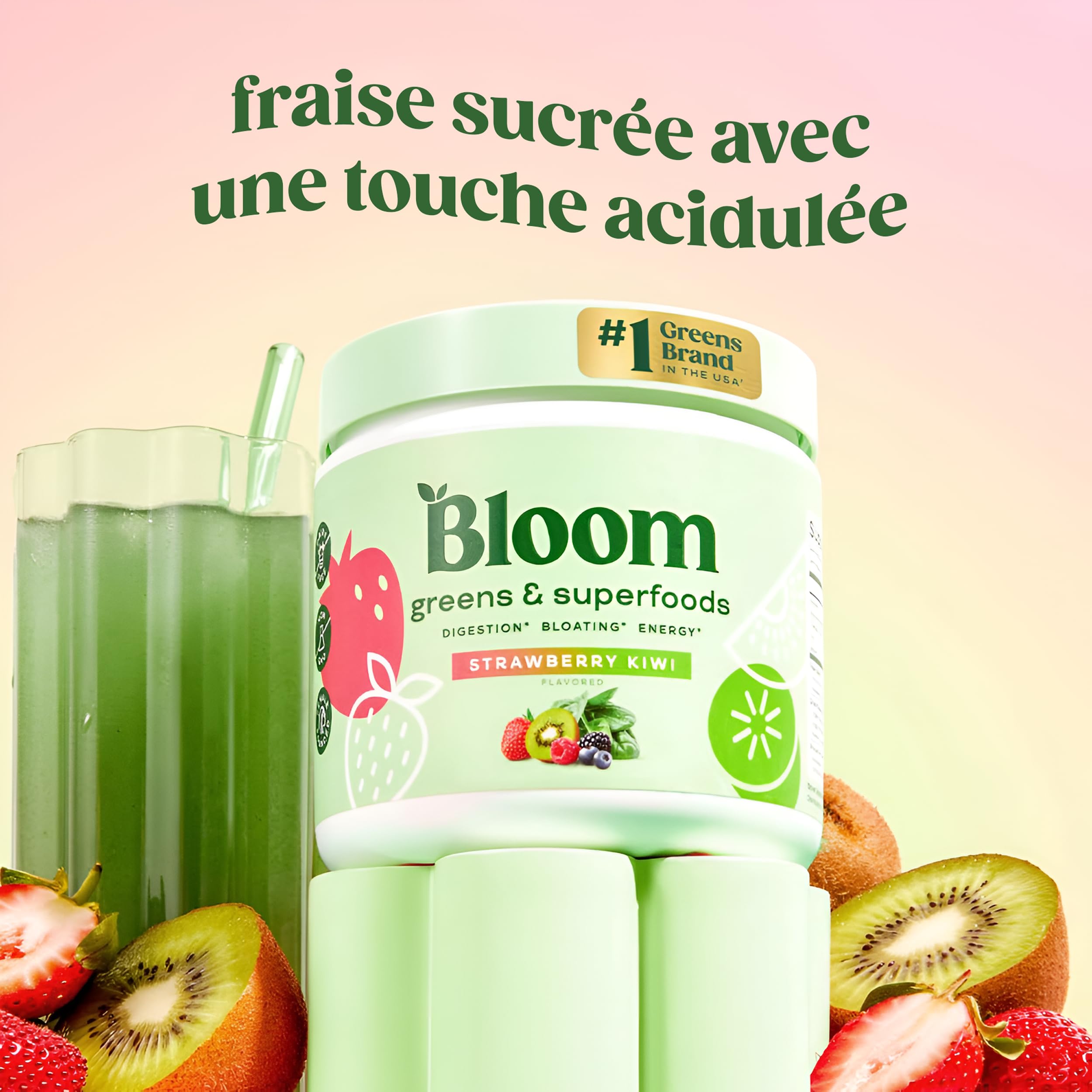 Bloom Superfood Pulver Frauen – Erdbeer-Kiwi – Mit Probiotika, Enzymen, Spirulina, Chlorella – Unterstützt Darmgesundheit, Detox & Energie – Anti-Blähbauch – 25 Portionen – Smoothie Boost