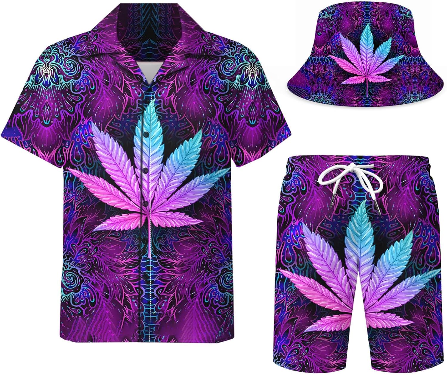 DOOPCCOR Men's 3 Piece Tracksuit Cuban Collared funny Hawaiian Shirt Shorts Button Down Sets With Bucket Hats