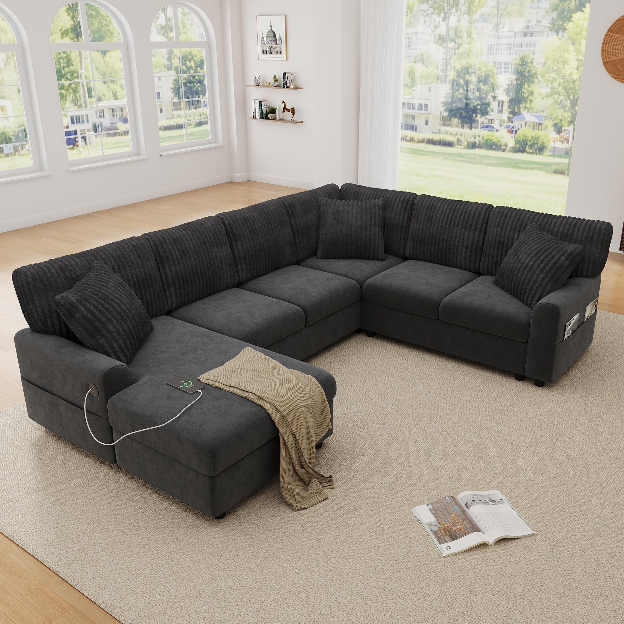 Sofa Rinconera en Forma de U, Puerto USB, 3 Cojines
