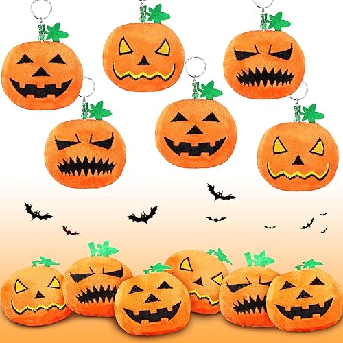Miniatura 3 de Threan 12 piezas de peluche de calabaza de Halloween pequeña calabaza de peluche suave con expresiones espeluznantes para suministros de decoración