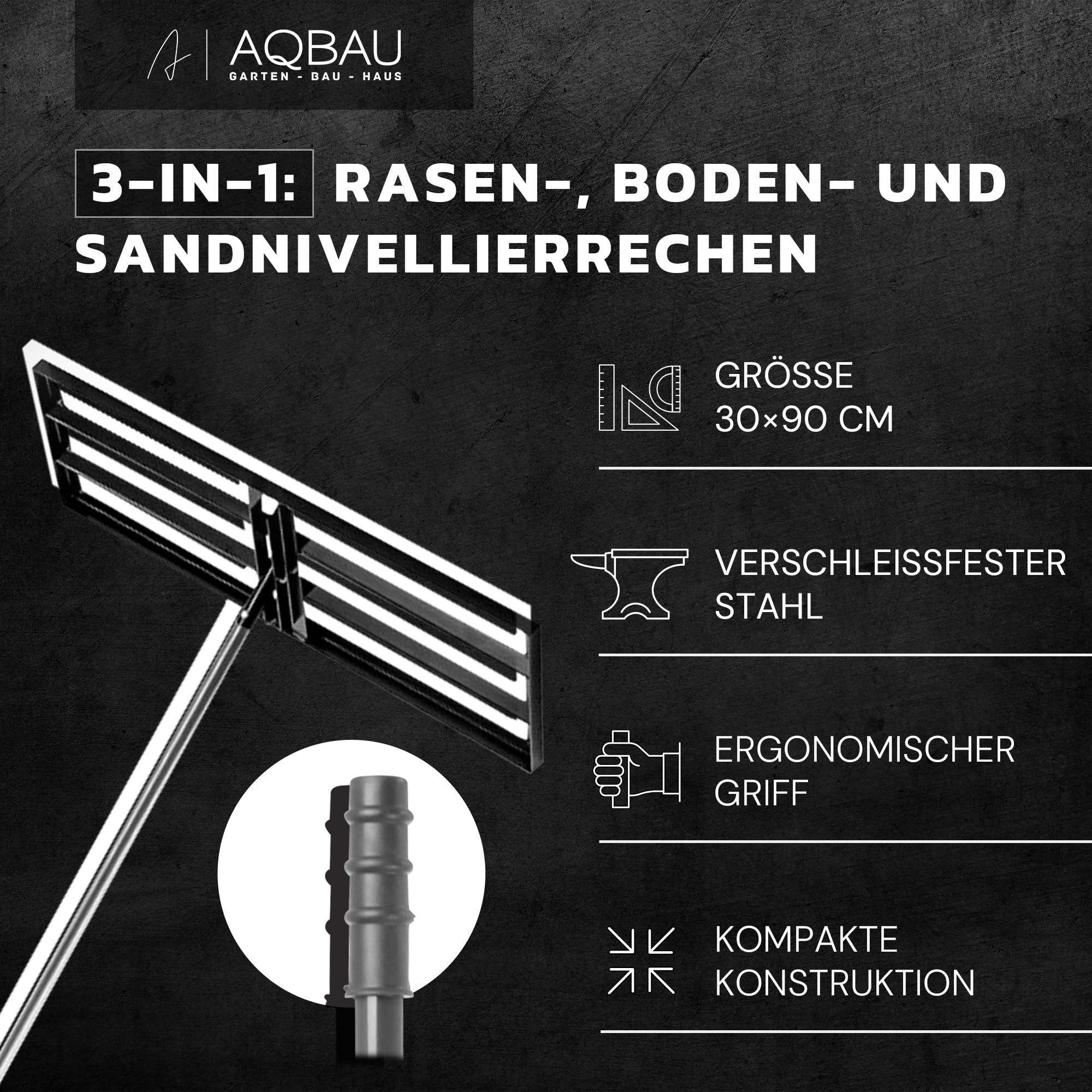 Rasenrakel 75x25 cm mit 175 cm Teleskopstiel – Stabiler Rasenrechen & Nivellierrechen aus Stahl – Kompakter Rasenglätter zum Rasen Ausgleichen, Ebnen & Begradigen – Rasen Sand Verteiler