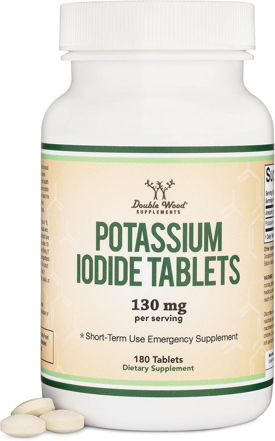 Potassium Iodide 130mg Tablets - Emergency Use for Exposure - 180 Count, 3 Month Supply - Double Wood Supplements (Pack of 2)