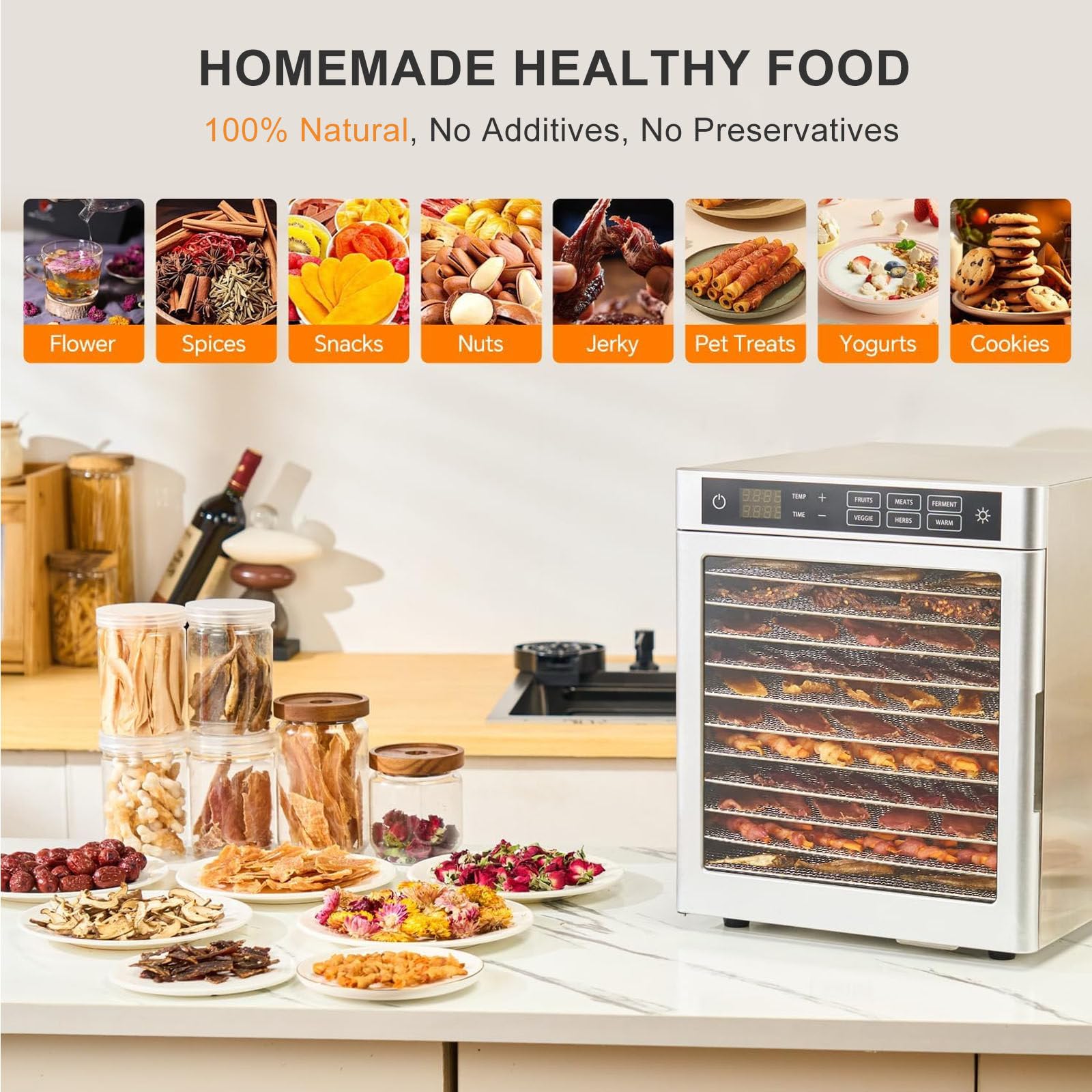 Essiccatore per alimenti digitale LED elettrico da 800 W, essiccatore per carne di manzo e carne secca, temperatura 185ºF, timer 24 ore, riscaldamento a circolazione a 360 °, essiccazione per frutta
