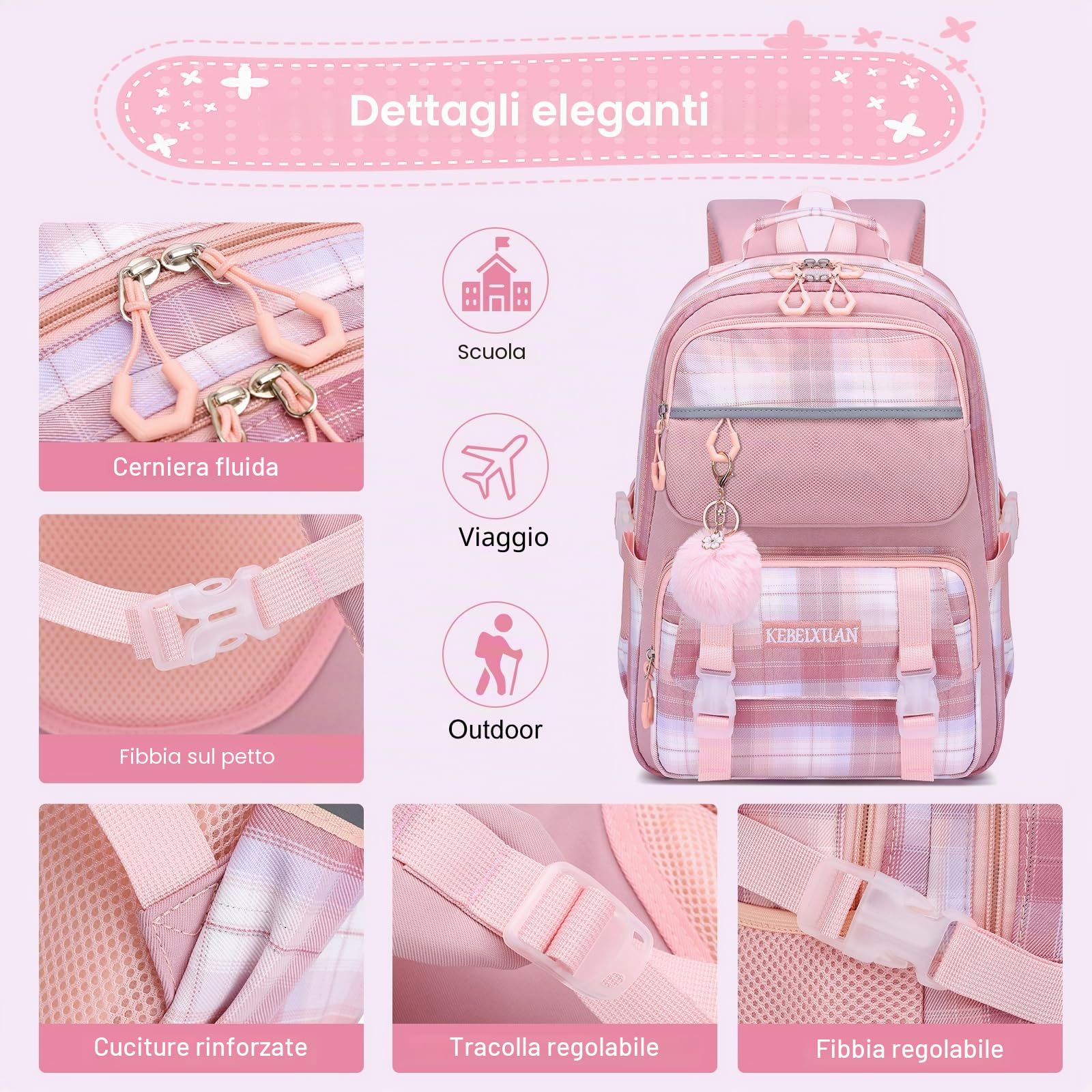KEBEIXUAN Borsa scuola primaria per bambini, zaino personalizzato per bambini, borsa per libri scolastici da bambina, con ciondolo Kawaii, per bambini dai 6 ai 12 anni