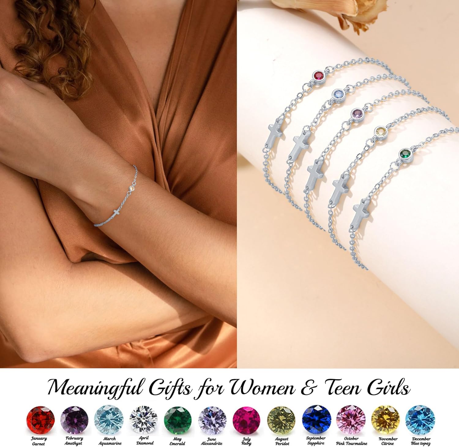 Cross Bracelet with Birthstone, Valentines Day Gifts for Her Easter Basket Stuffers for Teens Dainty Gold Bracelets for Women Birthday Gift Christian Gifts for Her Religious Faith Baptism Confirmation Gift for Teen Girls Christmas Jewelry for Sister Daughter Granddaughter Girlfriend - Image 3