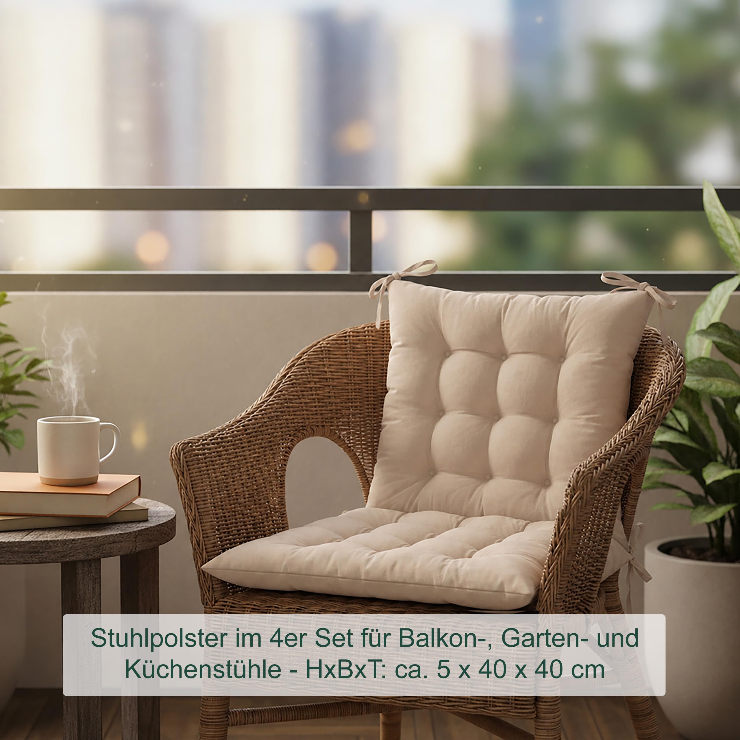 Relaxdays Stuhlkissen, 4er Set, 40x40 cm, Gesteppte Sitzpolster mit Bändern, Indoor & Outdoor, Polyesterbezug, Farbwahl