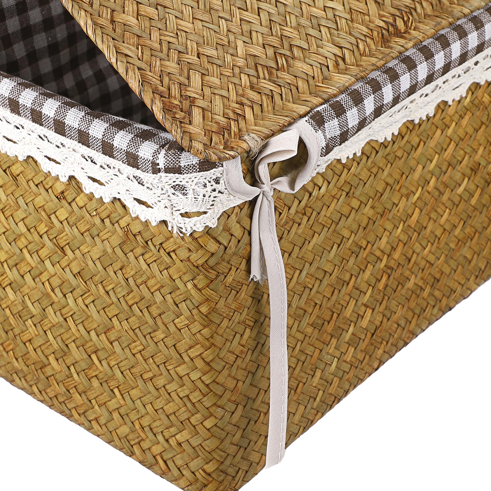 Cesto In Alghe Marine Con Coperchio - Organizer Per Bagno O Scrivania, L 36.5x24.5x19 Cm, Caramello