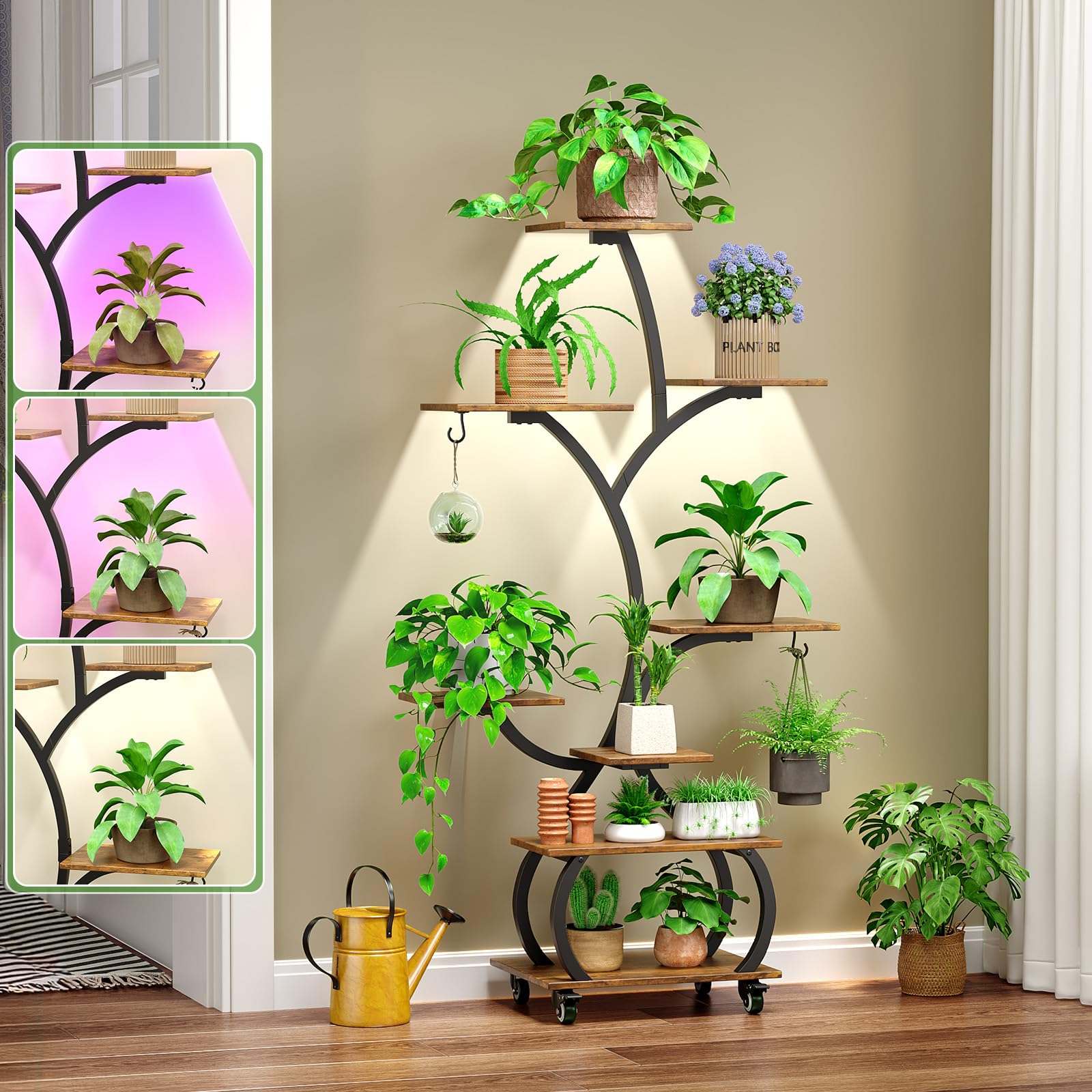 VINGLI 8-Tiered Rolling Plant Stand with Grow Lights