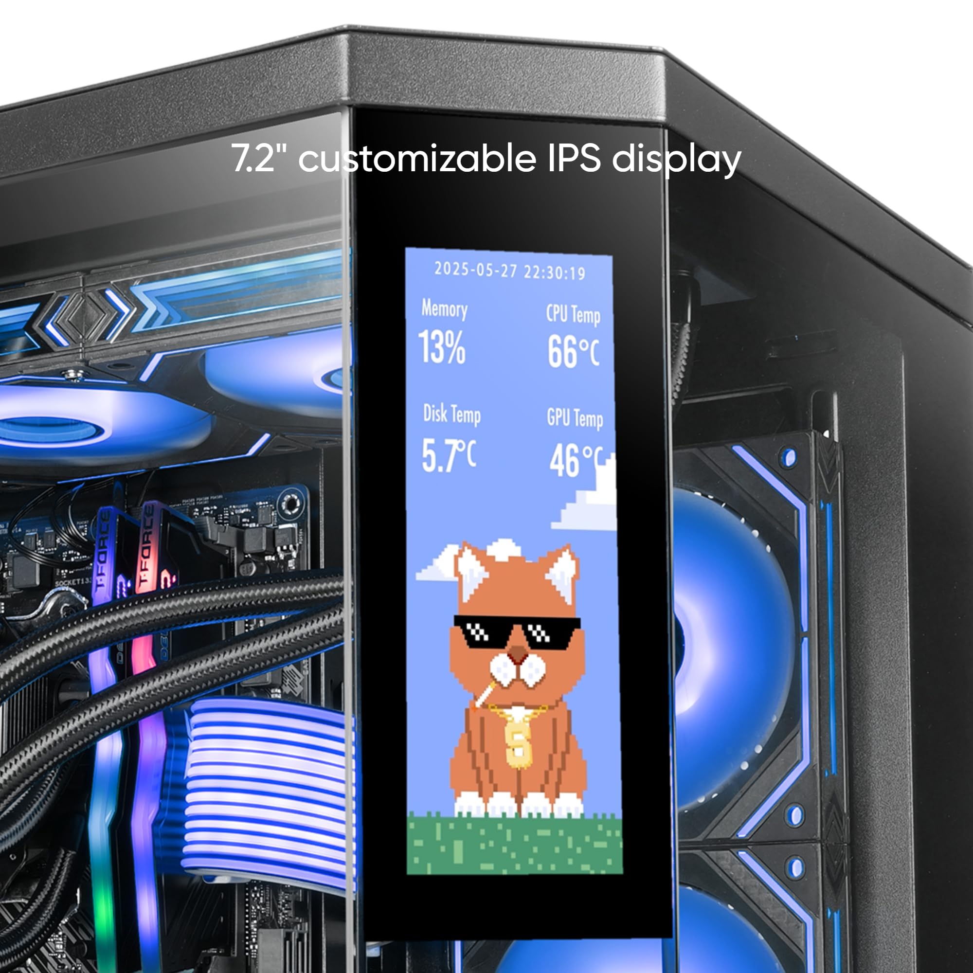 Mars Gaming MC-3TCORELCDM Obudowa Gaming Micro-ATX, Personalizowany ekran IPS 7,2”, Potrójne szkło hartowane, Podwójna boczna komora, Obsługa chłodzenia cieczą do 360mm, Czarny