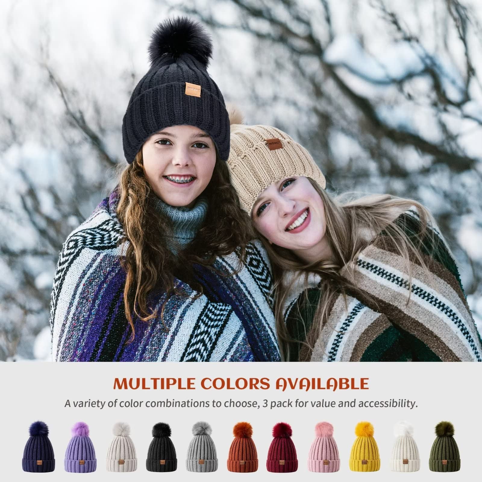 Gorro para mujer con pompón, paquete de 3, sombreros de invierno para mujer, gorro de calavera cálido de punto a la moda, gorro para mujer para clima frío, Avena+rosa+púrpura 6