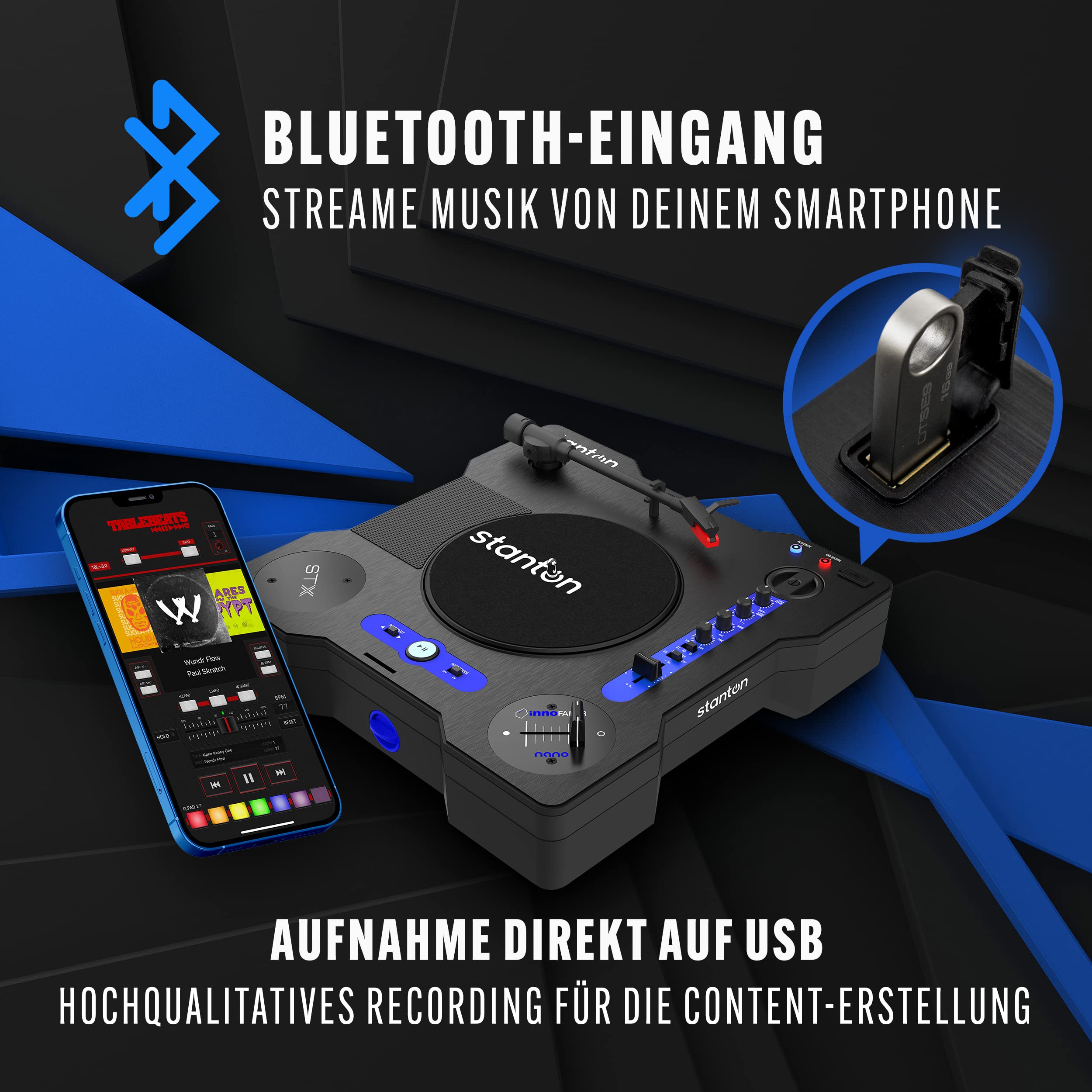 Stanton STX - Tragbarer Scratch DJ-Turntable mit Innofader Nano Crossfader, Bluetooth, Pitch Slider, USB Recording, Lautsprecher, 2 Akkubatterien