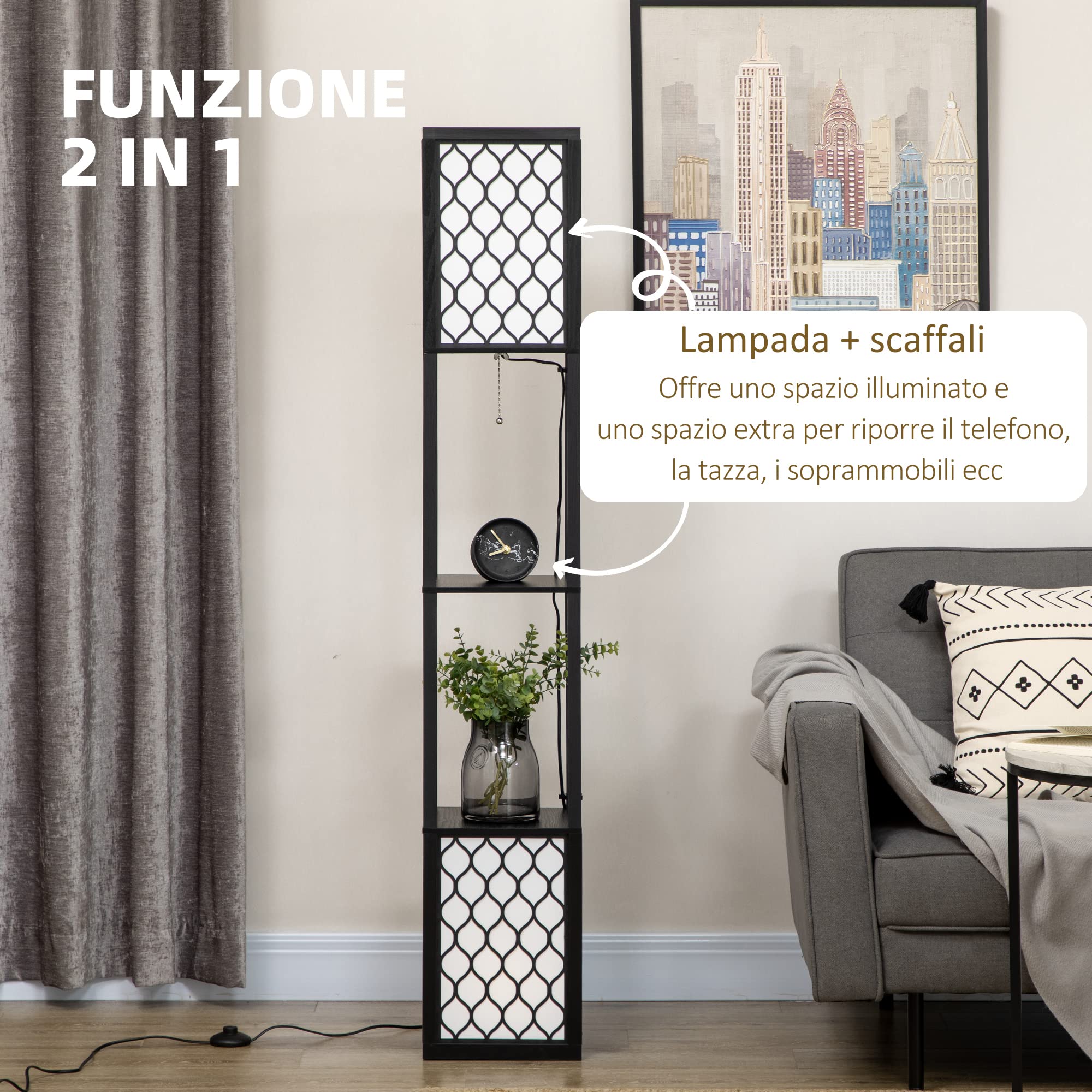 HOMCOM Lampada da Terra a Colonna in MDF e Plastica PP con 2 Ripiani, per Soggiorno, Studio e Camera da Letto, 26x26x156 cm, Bianca e Nera