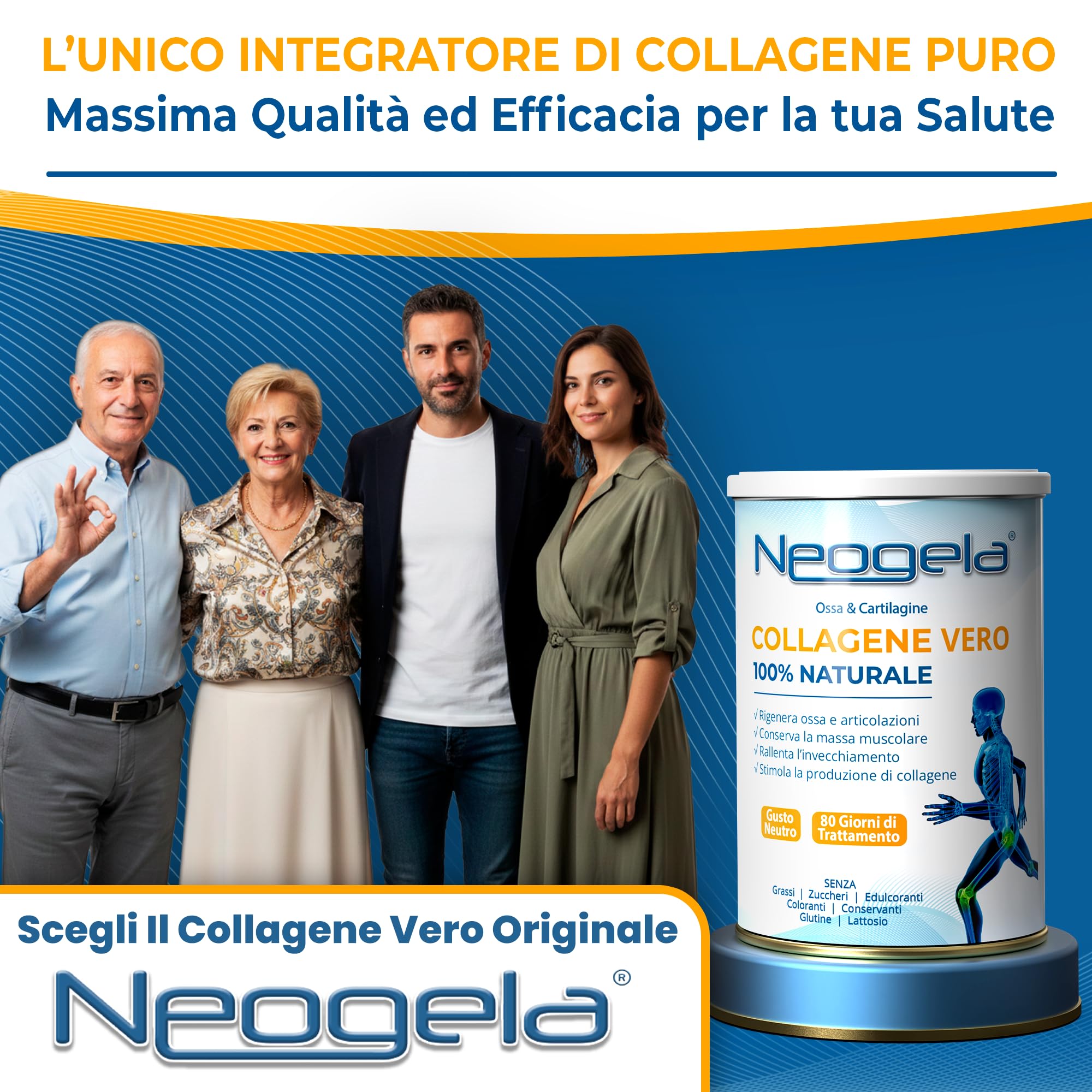 Neogela - 98% di Collagene Purissimo (Formato da 400gr, Prodotto Naturale) - Benessere Osseo e Articolare, (3 Confezioni-1200gr)