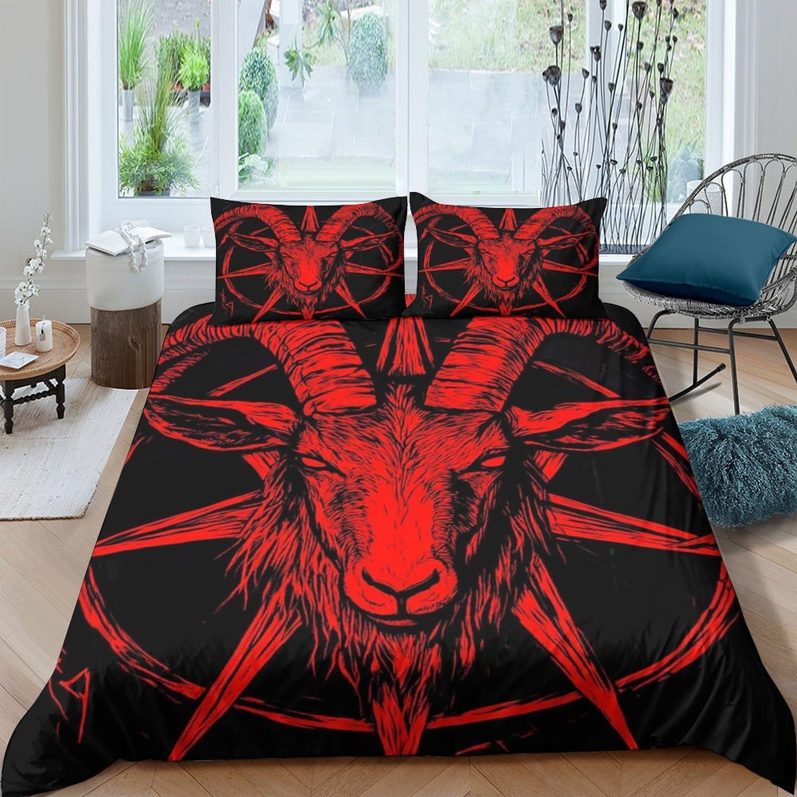 Ctjqhvkz Style-4 3D Printed Red Goat Skull Fitted Sheet Microfiber Anti-Slip Bedroom Decor Pentagram Bed Cover For Home Dorm Single（135X200cm）