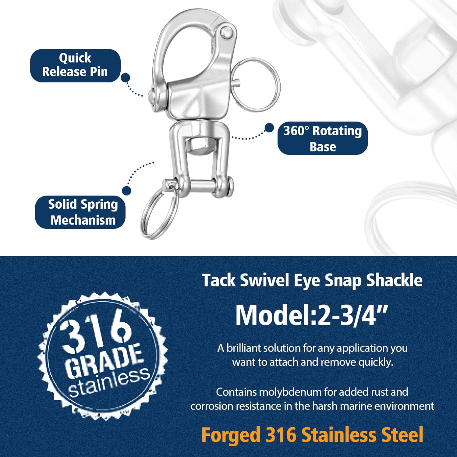 316 Stainless Steel Swivel Snap Shackle Clevis Quick Heavy Duty Release Spring Hook Marine Grade Sailing Halyard Shackle for Boat Rigging Industrial Lifting Climbing - Image 3