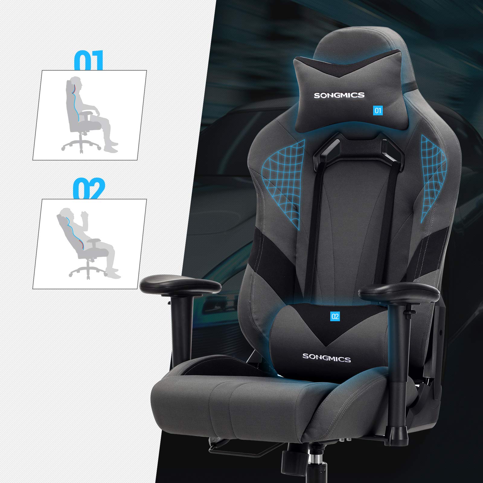 Songmics Bürostuhl Gaming Stuhl Chefsessel ergonomisch mit Verstellbare Armlehnen, Kopfkissen Lendenkissen 66 x 72 x 124-132 cm Grau-Schwarz RCG13G