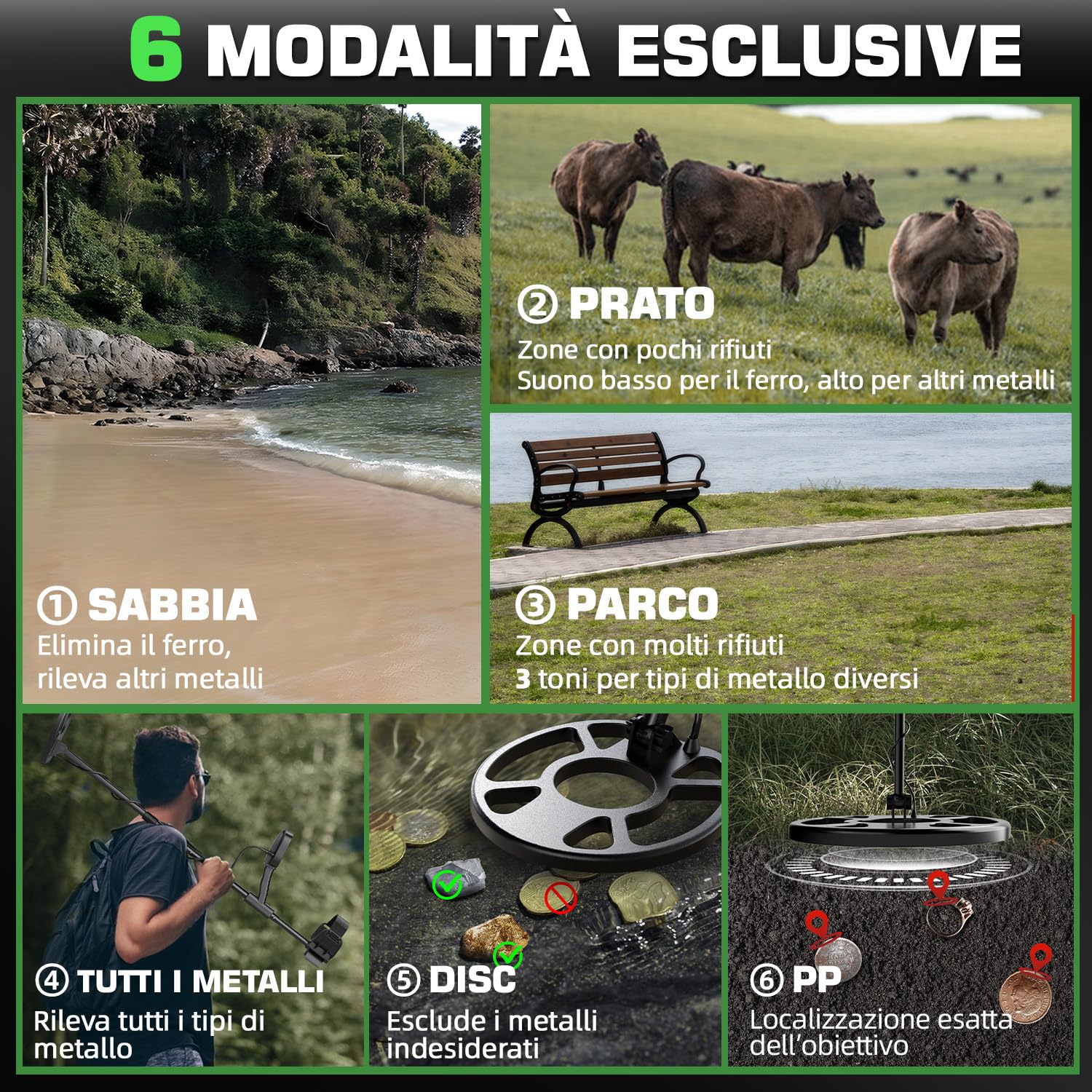 DR.ÖTEK Metal Detector Professionali per Adulti e Bambini, Impermeabile per Oro con Pinpoint e Terreno, Abbinamento Rapido, 6 Modalità, Alta Precisione, Leggero e Facile da Usare,Verde