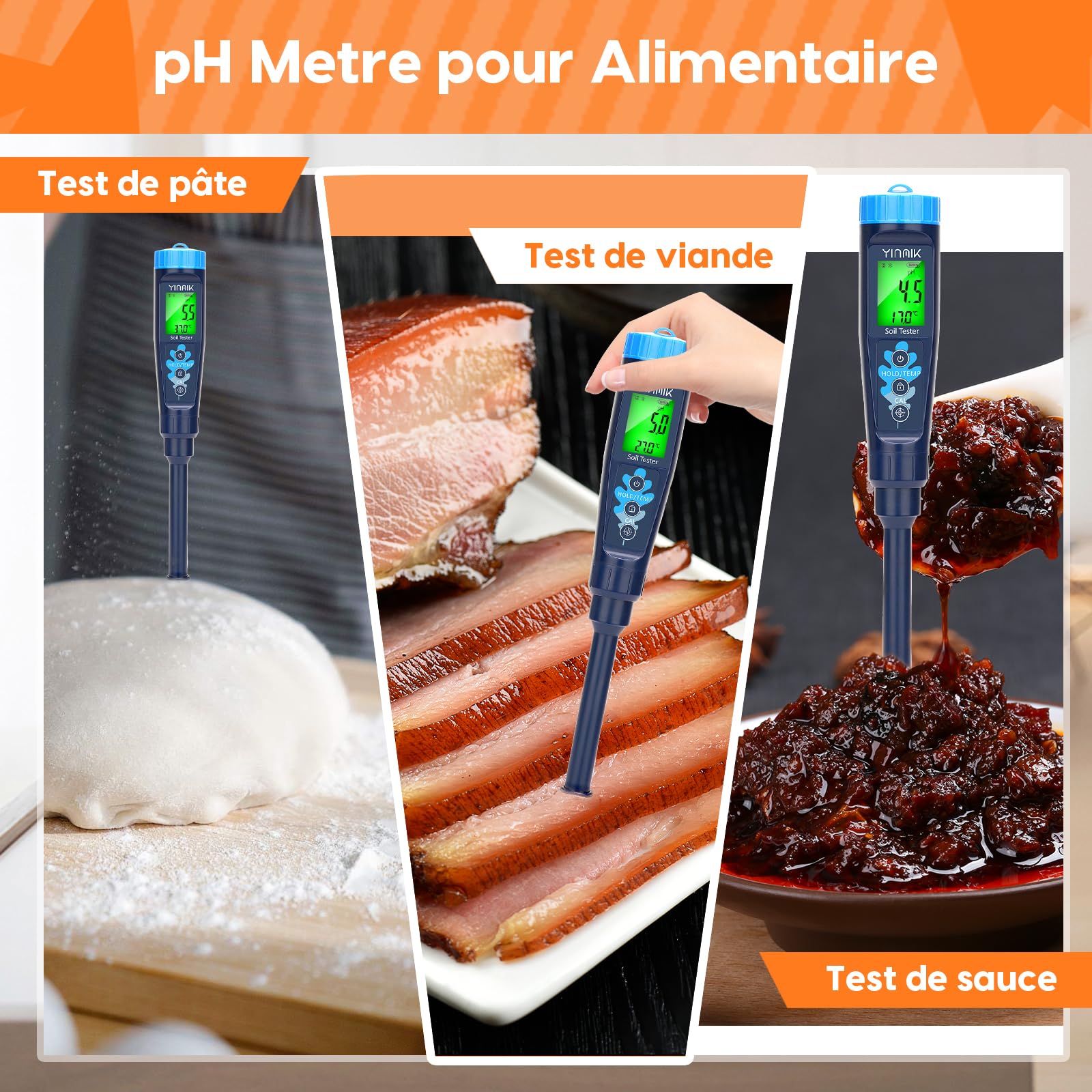 YINMIK pH Mètre de Sol Électronique, Testeur pH de la Terre pour Alimentaire, Eau, Mesurer Le pH des Plantes, Jardin, Fermes, Cours, Pâte Fermentée, Piscine, Aquarium, Brassage