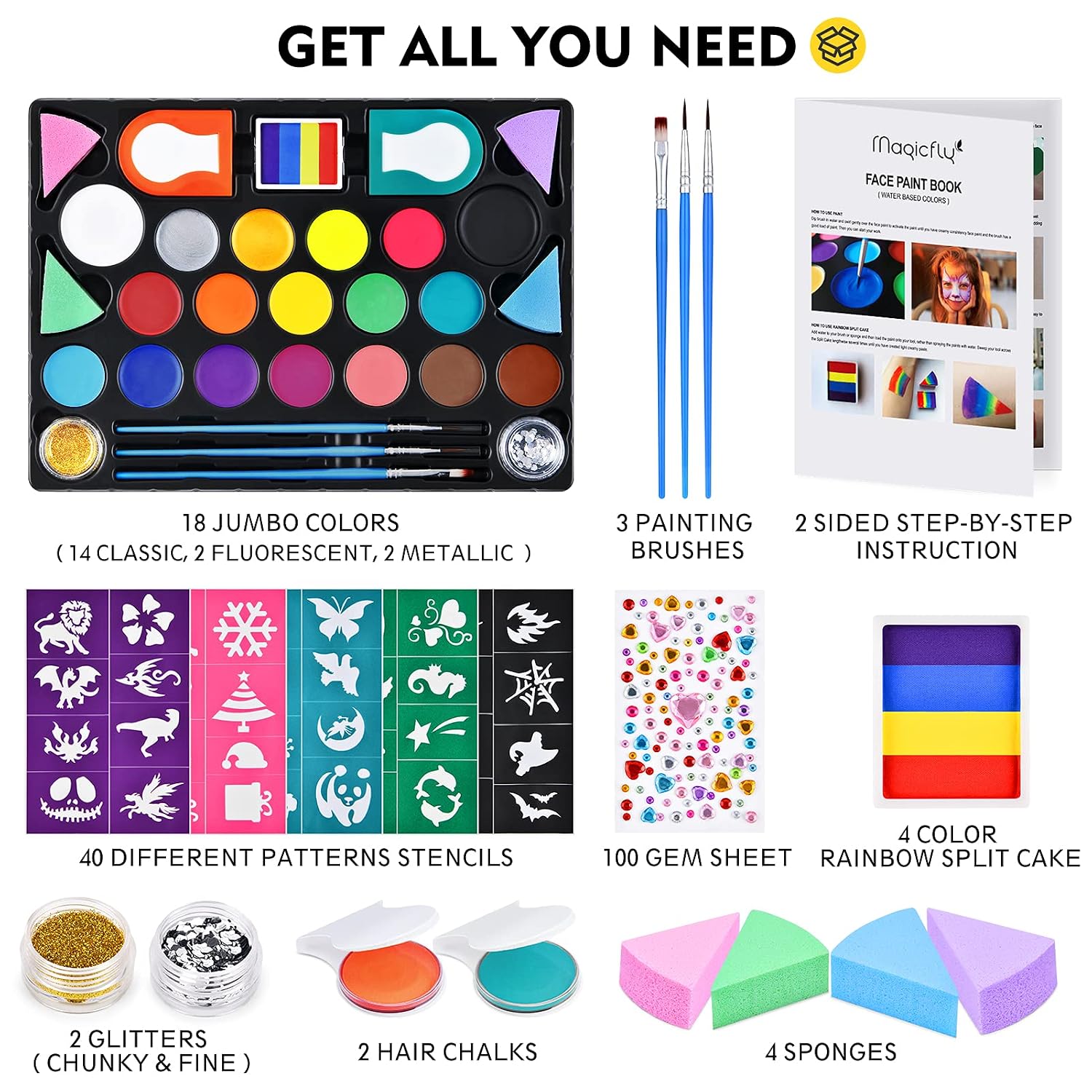Magicfly Face Painting Kit - 18 Colors Face Paint Kits, Non-Toxic Water Based Body Paint with Stencils, 2 Glitters, Brushes, Hair Chalk, Professional Halloween Makeup Kit for Party, Festival, Cosplay