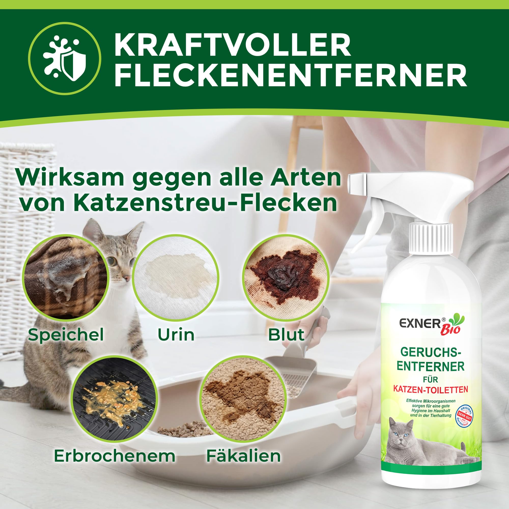 Środek do usuwania zapachów do kuwety dla kotów – z mikroorganizmami przeciwko plamom i zapachom w przypadku moczu kota, 100% naturalny i delikatny – butelka z rozpylaczem 500 ml