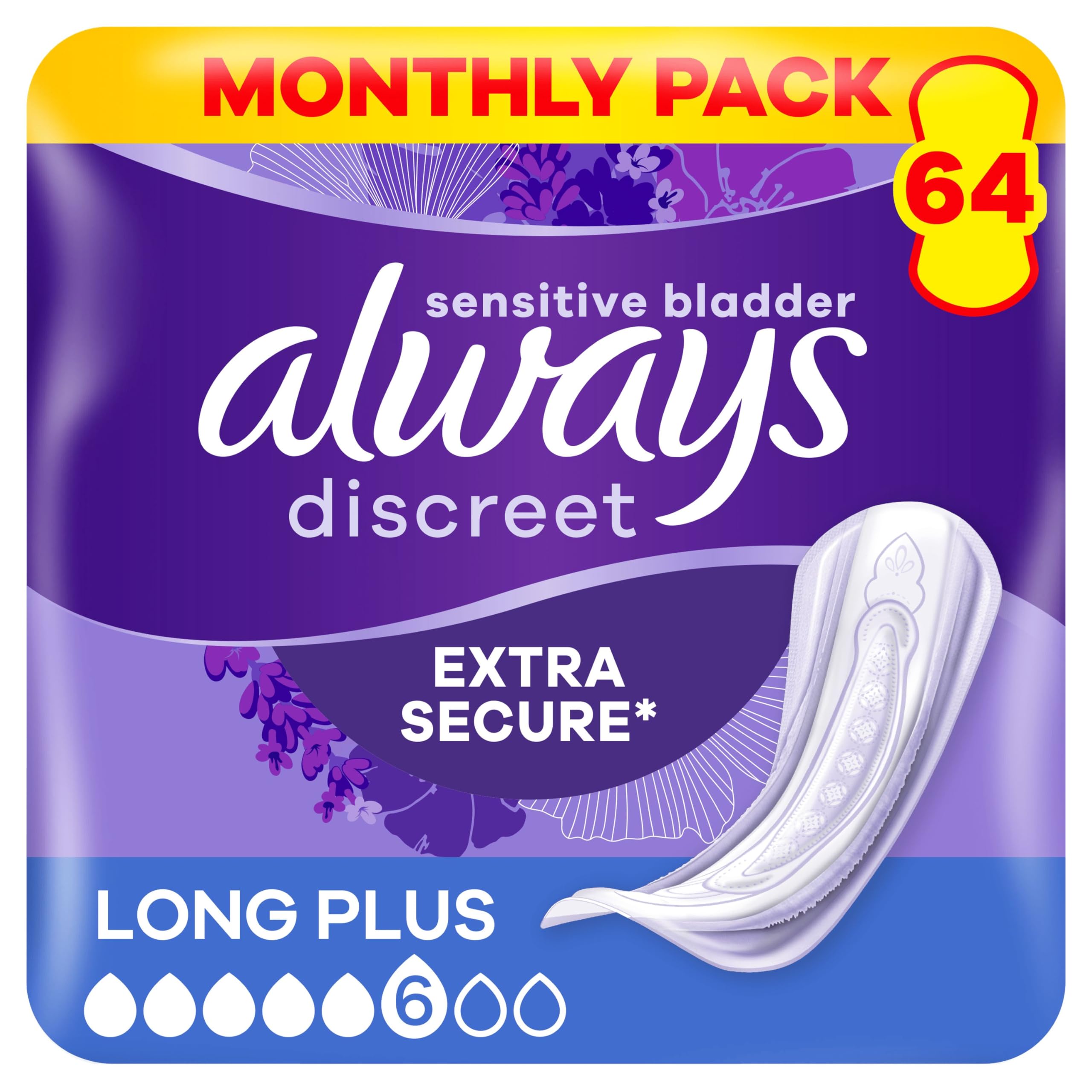 Always DiscreetIncontinence Pads Women Long Plus 64 Count, Extra Secure & Discreet
