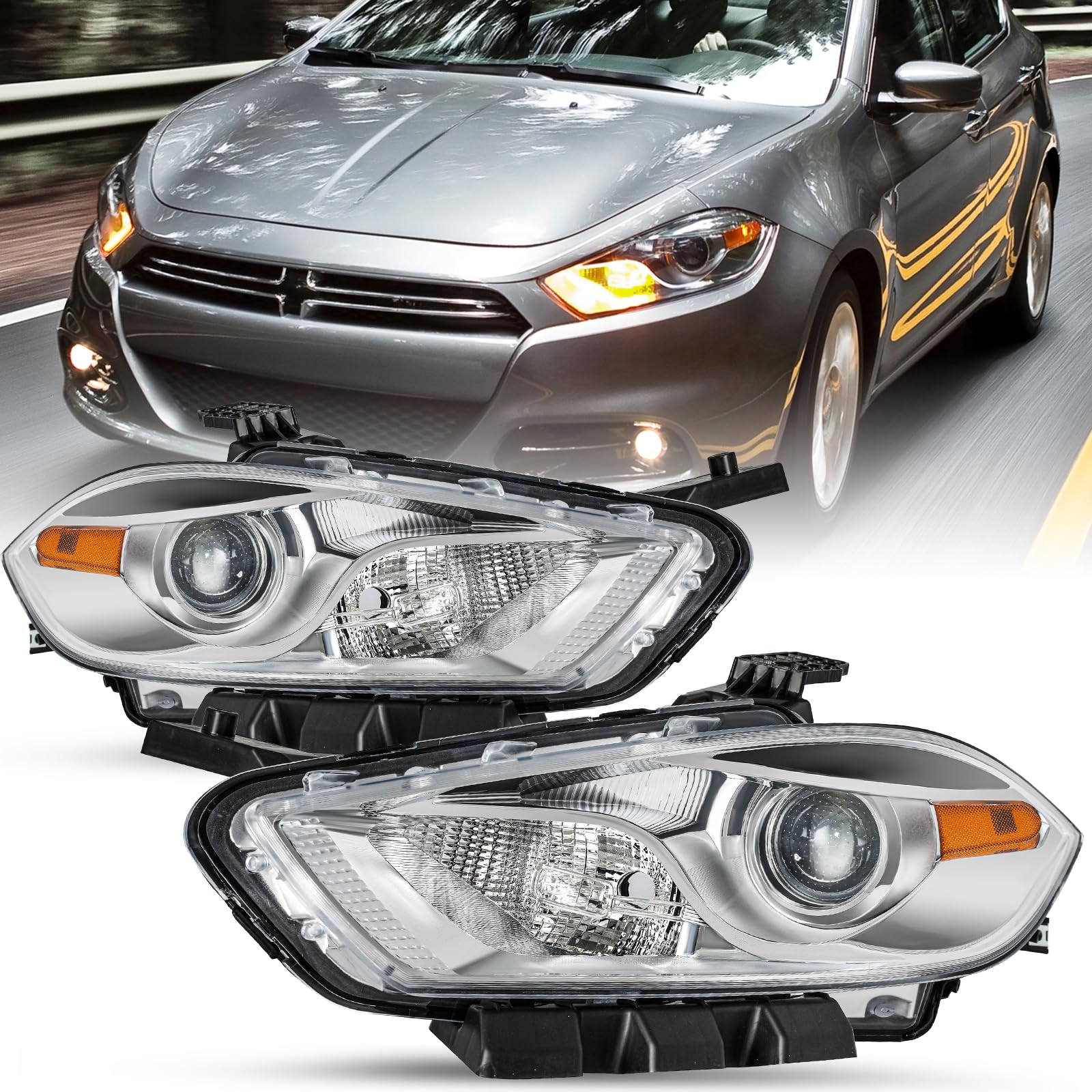 SOCKIR Halogen Headlight Assembly Compatible with 13-16 Dodge Dart OE Replacement Headlamp Chrome Housing with Amber Reflector