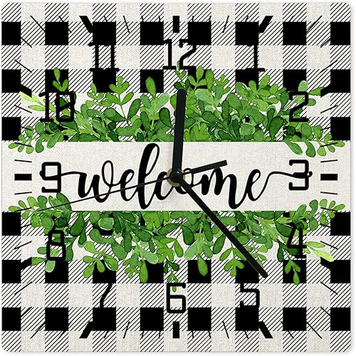 Eucalyptus Leaves Wooden Wall Clock Silent Non Ticking, Watercolor Green Plant Summer Black Plaid Square Wall Clock Battery Operated, Decor Clock