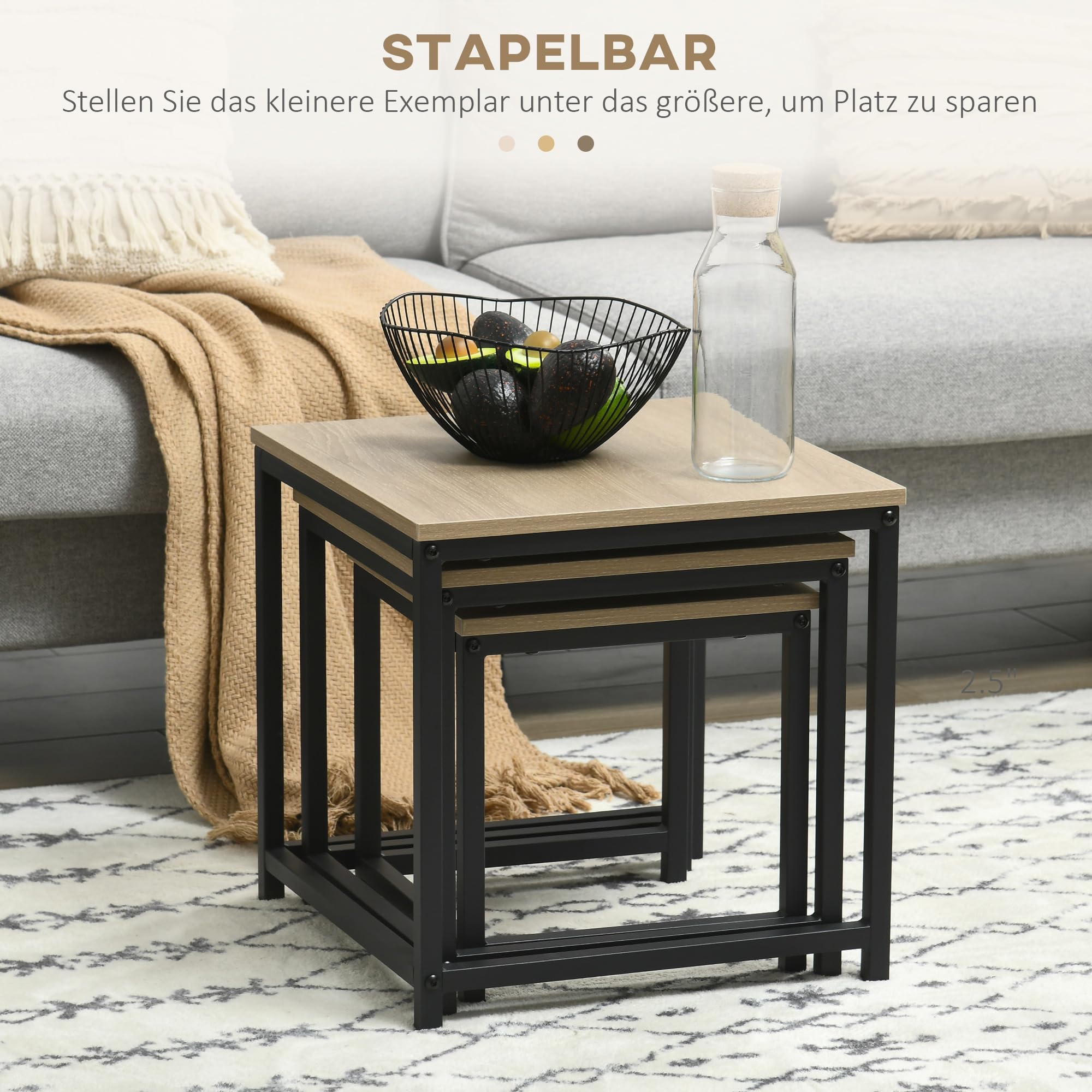 HOMCOM 3er-Set Couchtisch Quadratischer Beistelltisch Stahlrahmen Natur | Sofatisch, Kaffeetisch, Satztisch mit Holzoptik, Wohnzimmertisch im Industriedesign