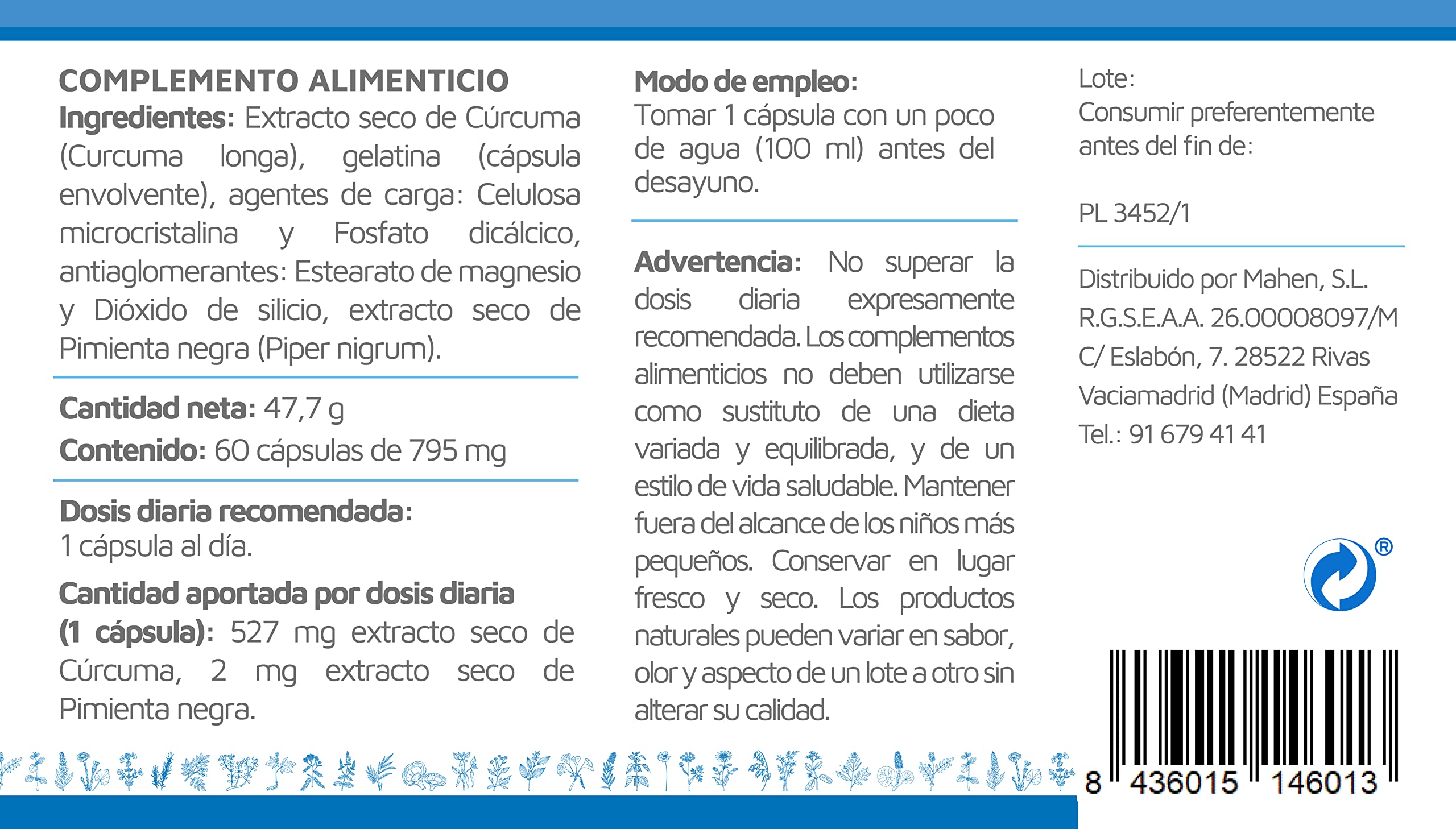 Laboratorios Mahen Curin de Mahen Con cúrcuma y pimienta negra 50 gr