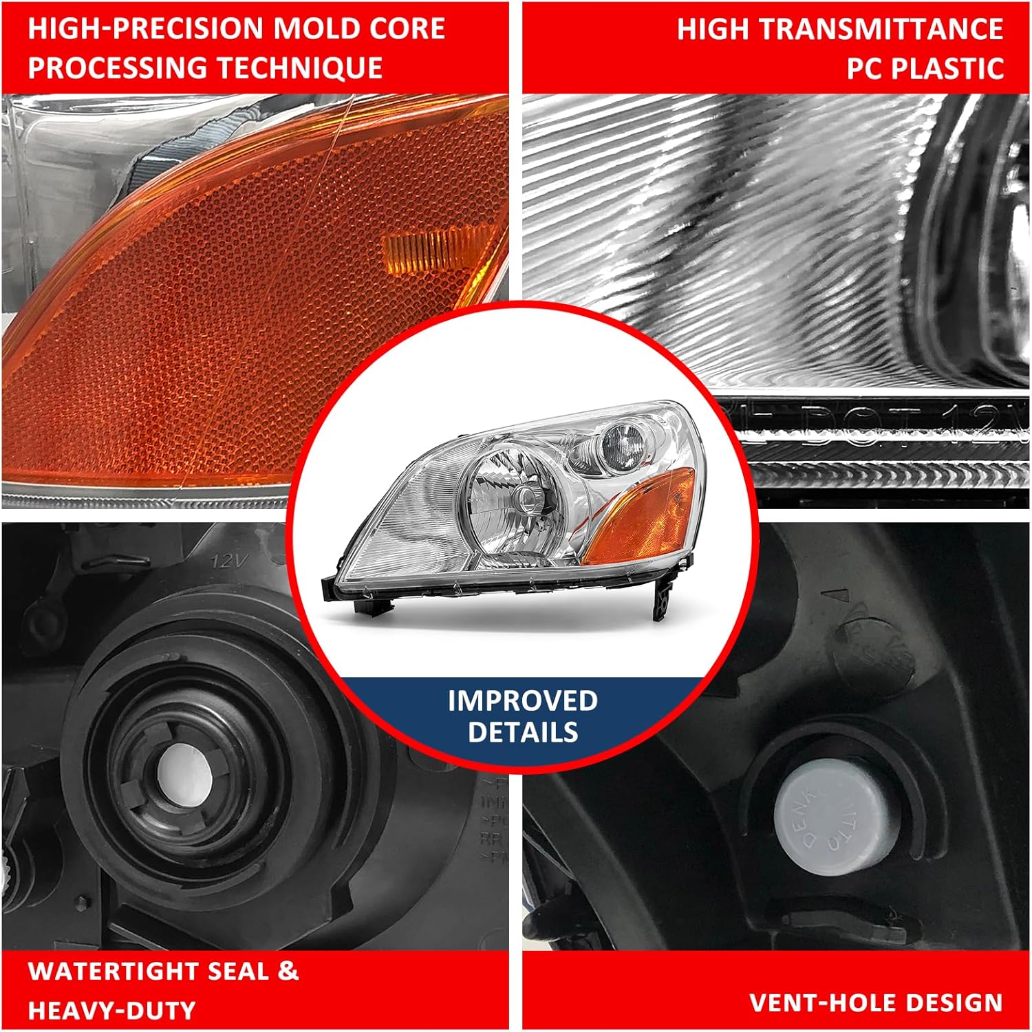 Headlight Compatible with Honda Pilot 2003 2004 2005 Chrome Housing Amber Reflector Replacement Pair (Chrome Housing Amber Reflector Clear Lens)（W/O Bulbs）