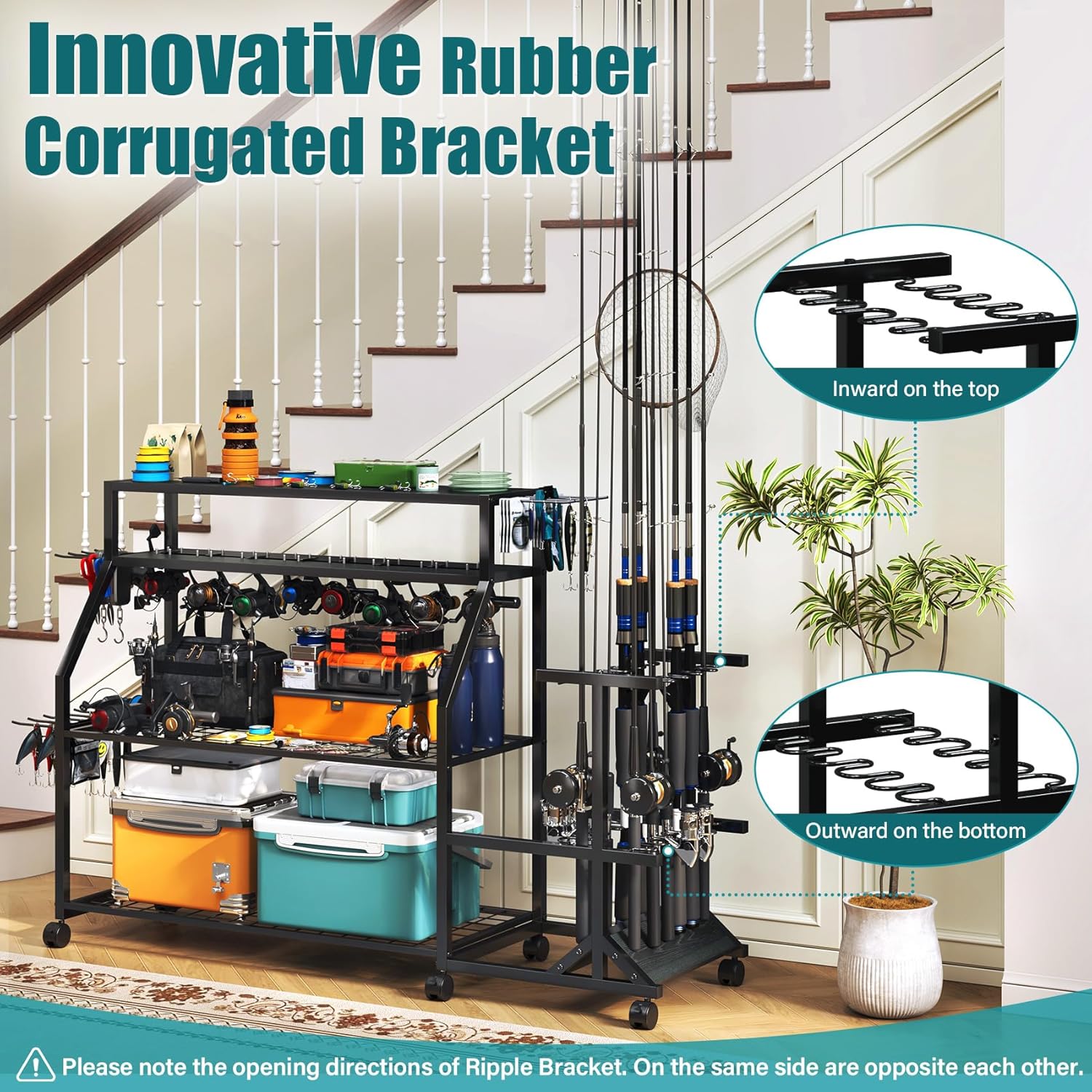 TC-HOMENY Large Fishing Rod Holders for Garage Fits for 12 Rods, 4-Tier Fishing Pole Rack Cart with Enlarged Shelves, Fishing Gear Tackle Organizer Storage Cart with Wheels for Garage, Outdoor, Black