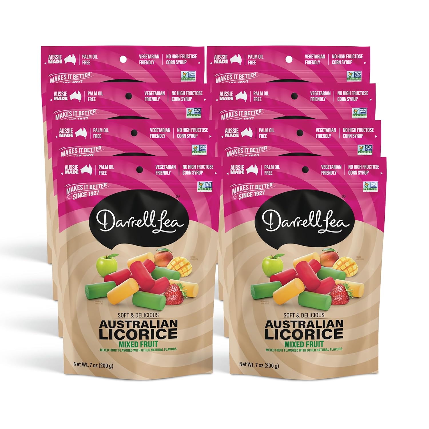 Darrell Lea Soft Australian Licorice, Non-GMO, No Palm Oil, Vegetarian Friendly, No High Fructose Corn Syrup, Soft & Chewy Licorice Candy, Made in Australia (Mixed Fruit, 7 Ounce (Pack of 8))