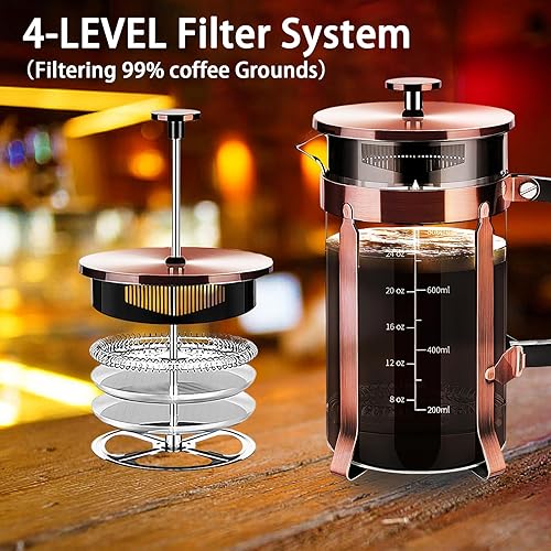 Miniatura 2 de Cafetera de prensa francesa de 34 onzas, prensa de café de acero inoxidable 304, con sistema de 4 filtros, vidrio de prensa francesa de borosilicato