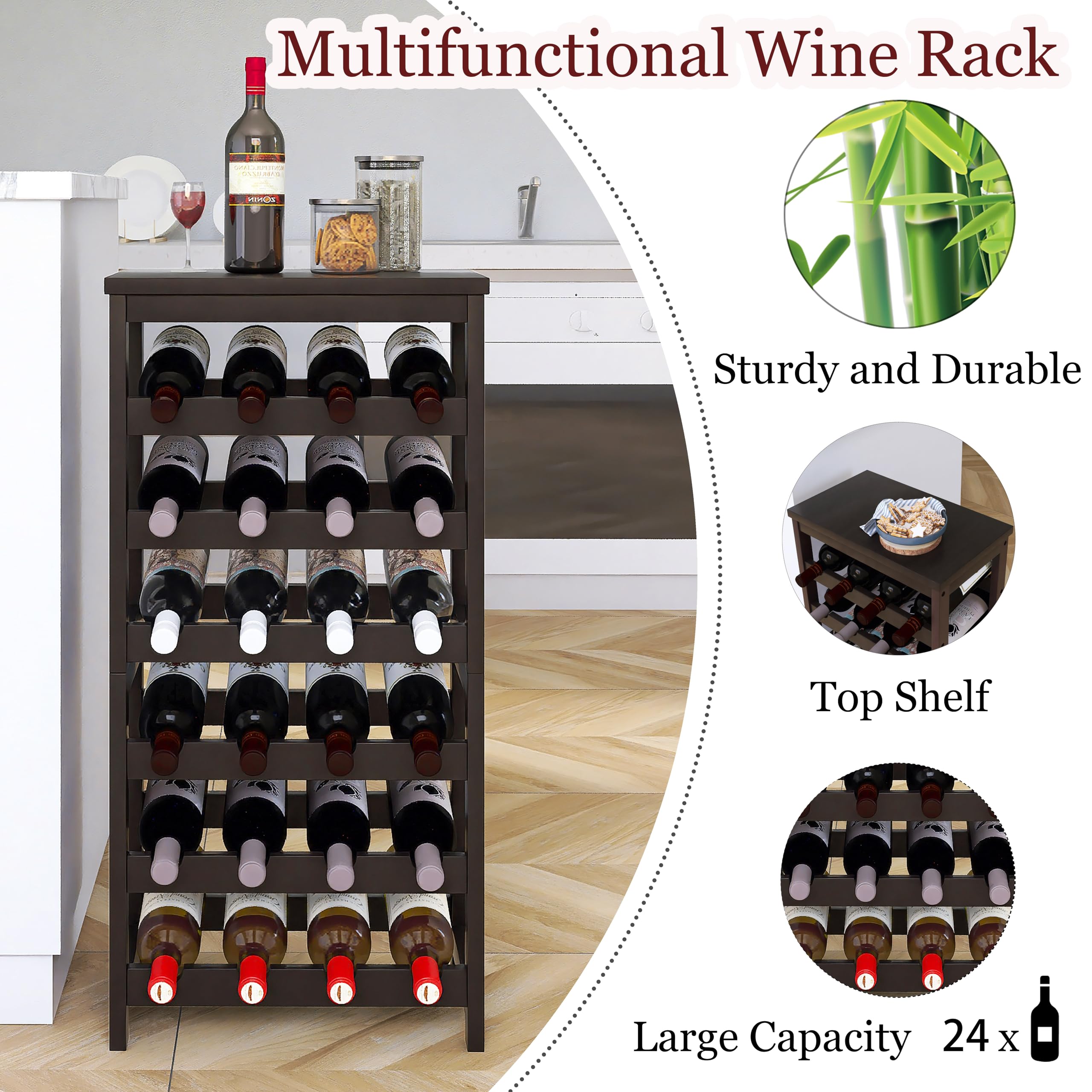 STELLSTAR 24 Bottiglia In Piedi Scaffalatura Vino In Piedi 6 Livelli Scaffalatura Piano Tavolo Bambù Bottiglia Di Vino Stand con Barre Ondulate Per Dispensa Sala Da Pranzo Cucina Nero