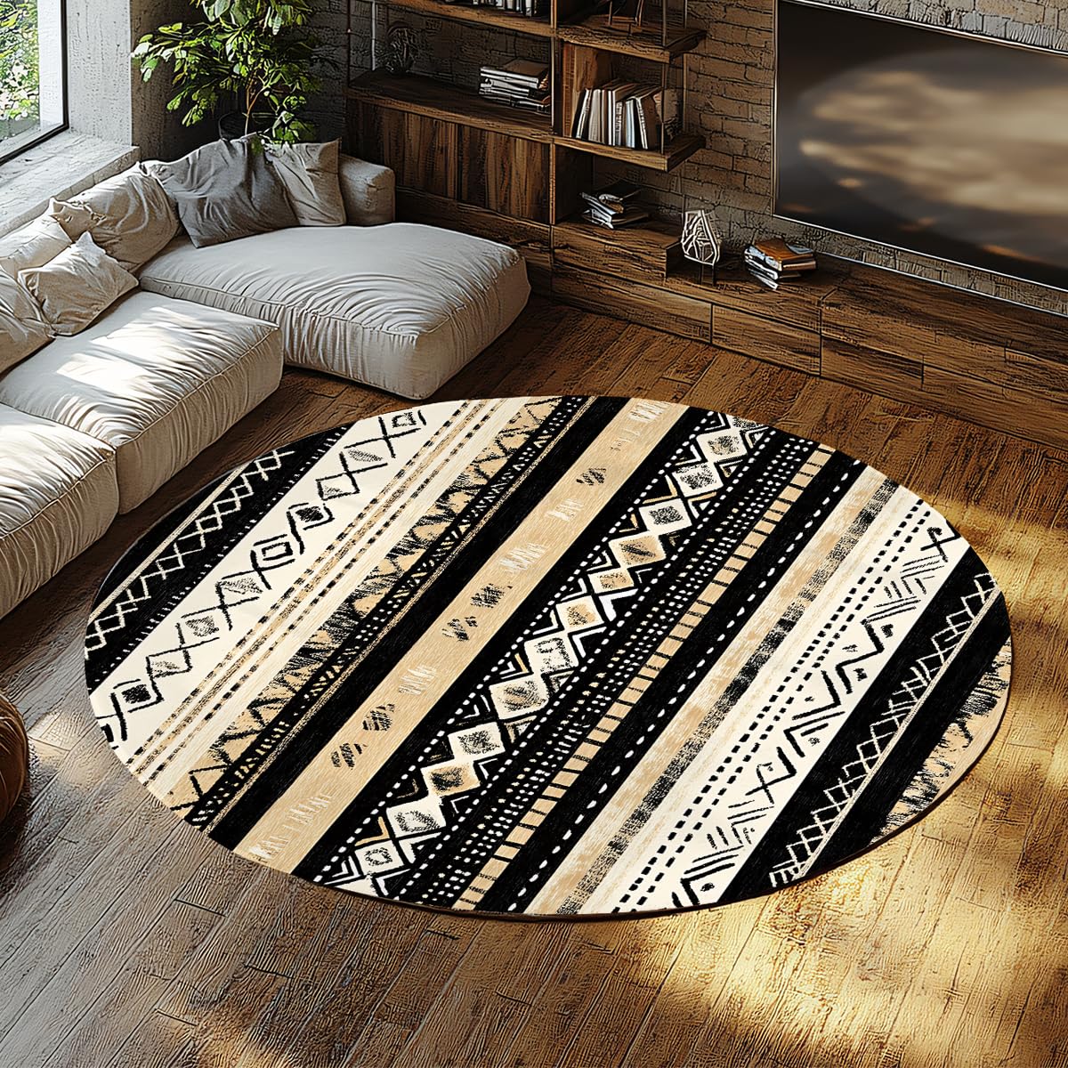 Tappeti Boho Retro Textured Circle Area Tappeto Azteco Tappeto Circolare Distressed Lavabile Senza Spargimento Zerbino Per Camera Da Letto Lavanderia Cucina 80cm