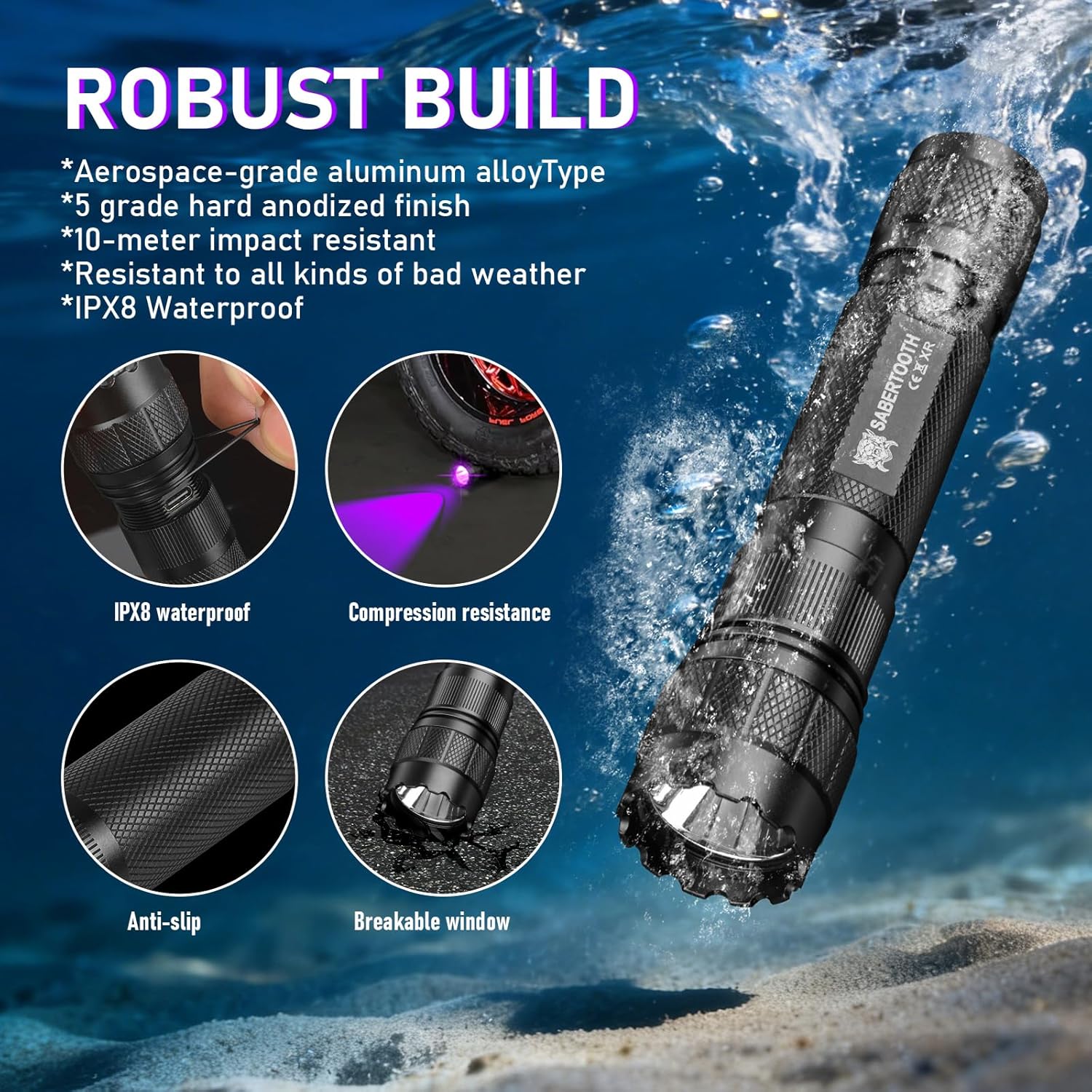 SABERTOOTH 385-395nm UV Flashlight Rechargeable Black Light Flashlight for Pet Urine Detection, Scorpion Spotting, AC System Inspection and Rock