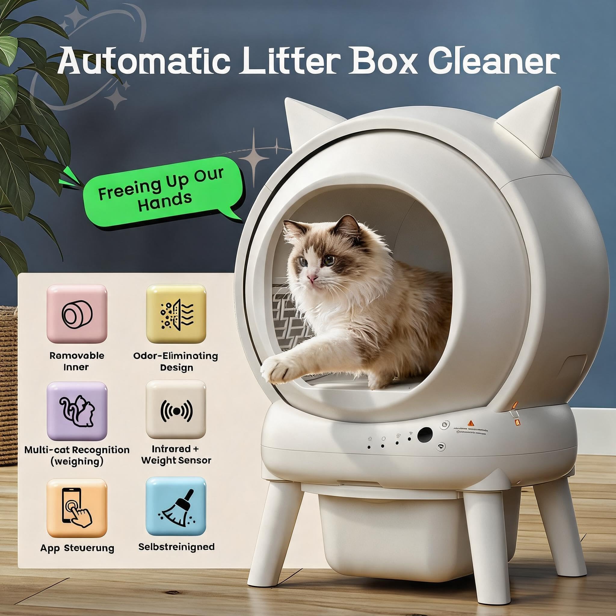 Garvee Lettiera per Gatti Autopulente con Bordi Alti | Lettiera automatica 73L, Controllo da App Wi‑Fi, Antiodori, per Più Gatti di 0,9 kg a 15,4 kg, 9 sensori di sicurezza