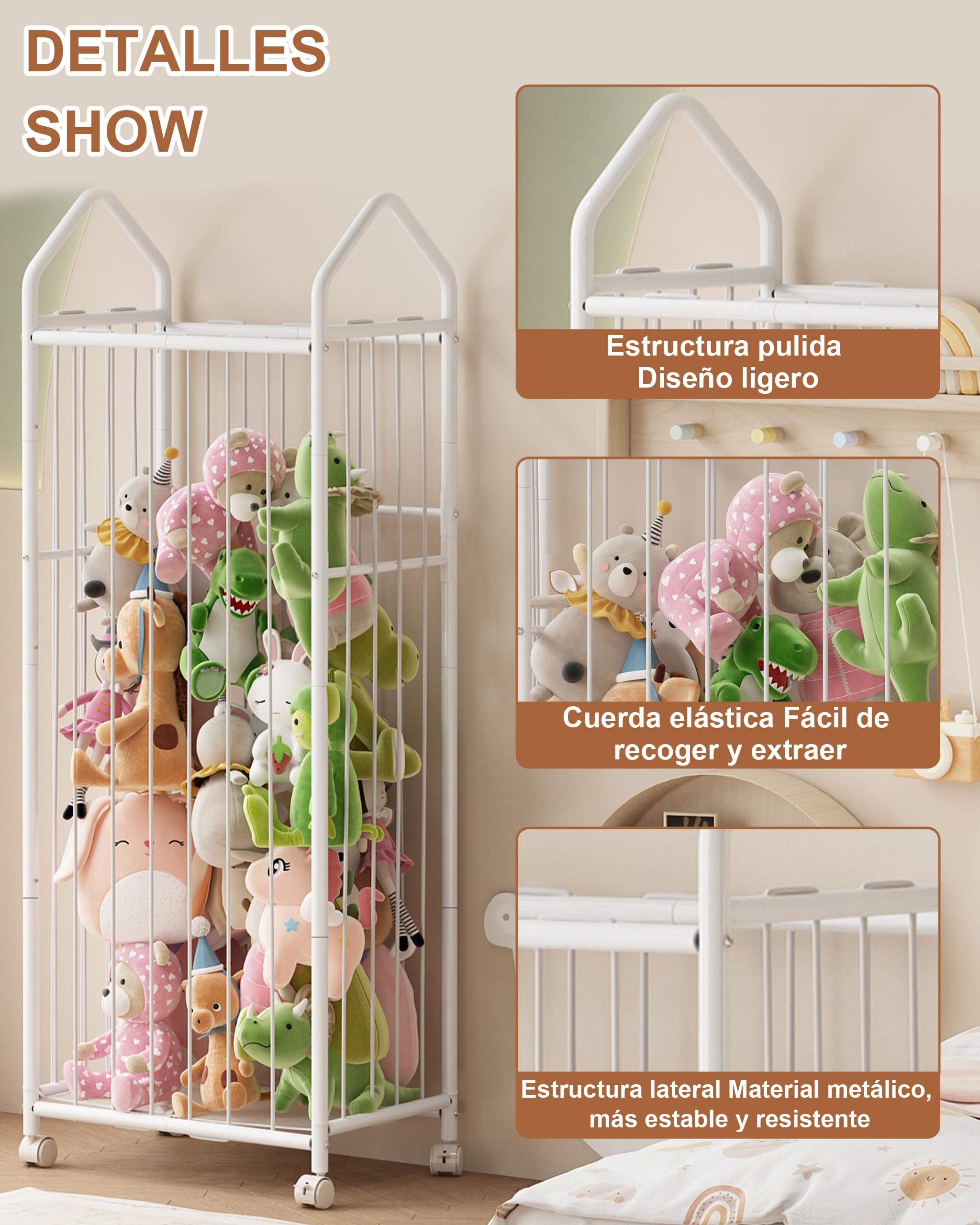 UMDONX Organizador de Juguetes Grande con 4 Ruedas Giratorias y Frenos 360° | Armario de Almacenamiento Alto para Peluches (Blanco, 56x35x154 cm)