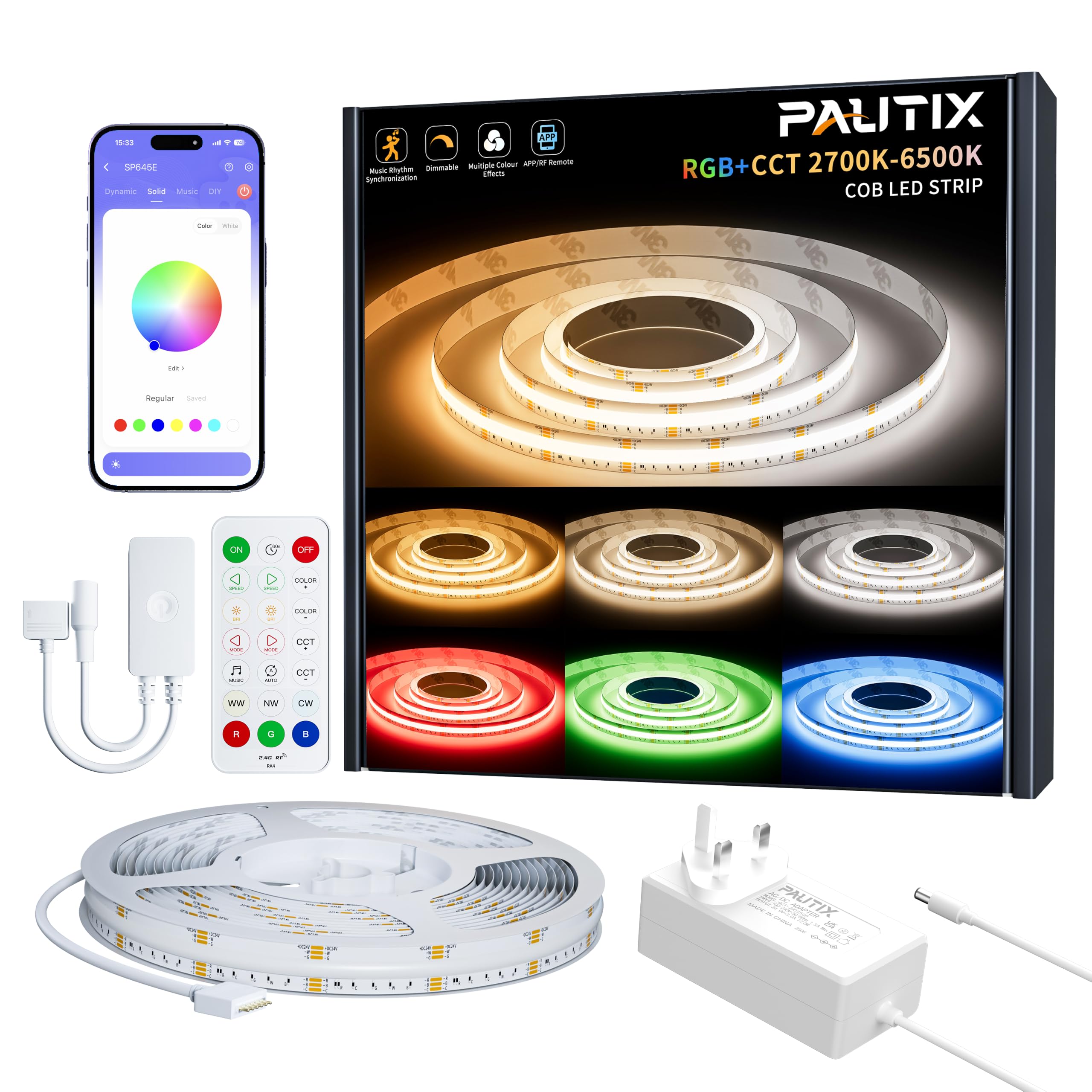 PAUTIX COB LED Strip RGBWW/W 5M Kit Dimmable RGB+2700K-6500K CCT Tunable White Colour Changing LED Strip Light with APP Control, Music Sync for Acoustic Panel, Kitchen, Under Canbinet, Bedroom