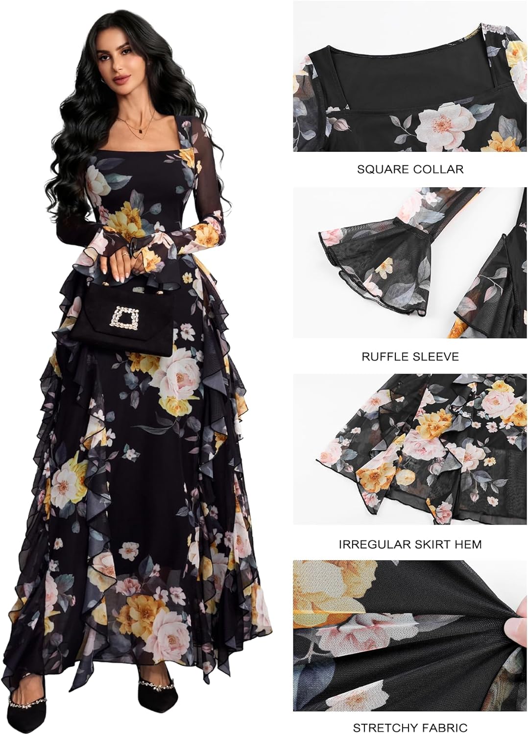 GothDark Women's Floral Dress Mesh Sheer Long Sleeve Square Neck Ruffle Layered Elegant Date Night Holiday Party Outfit - Image 6