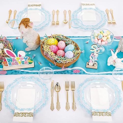 Miniatura 5 de PULOTE Juego de 175 piezas de platos de plástico transparentes y azules - Juego de vajilla desechable con borde azul - Incluye 25 platos de cena, 25