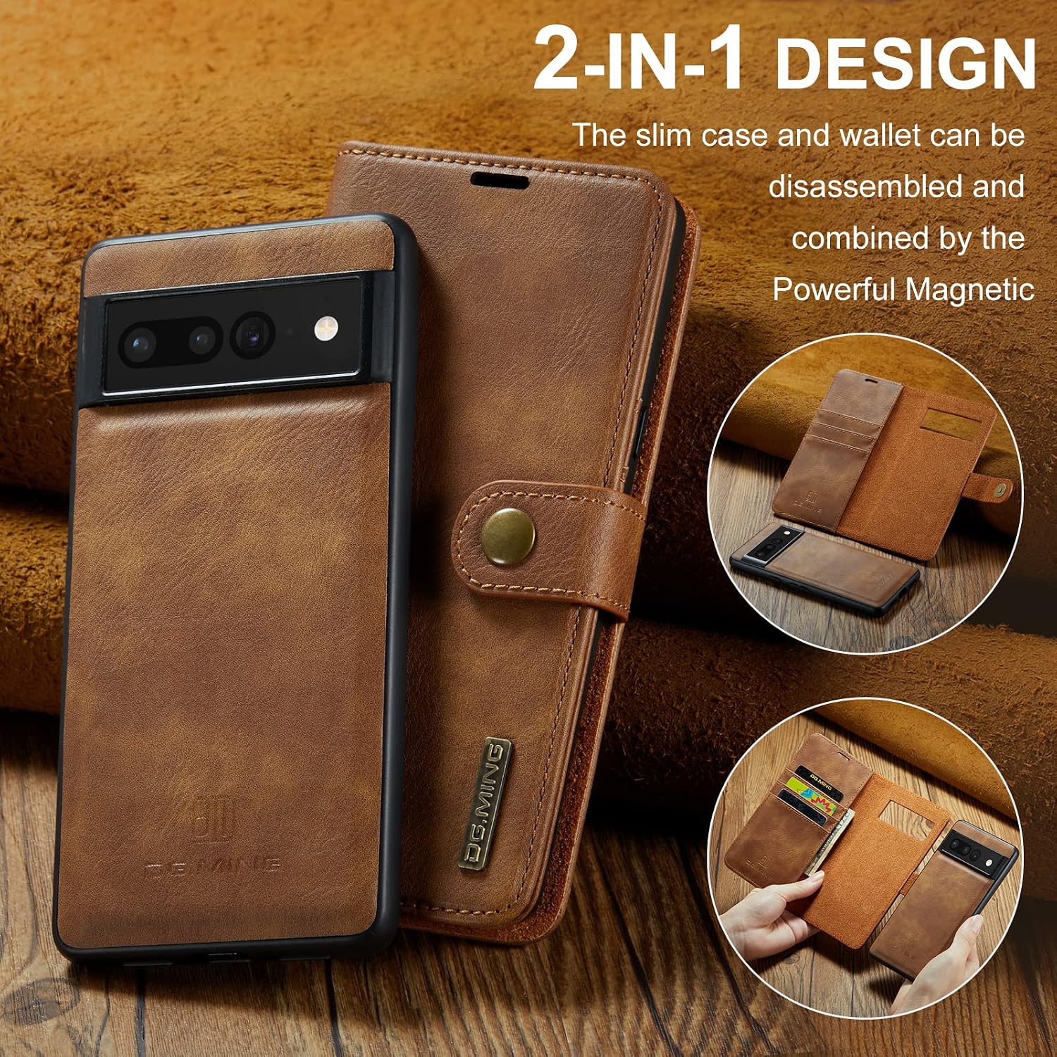 Detachable 2 in 1 Split Magnetic Flip Folio Wallet Case Compatible with Google Pixel 7 Pro Genuine Leather Phone Case with 3 Card Holder Slots Kickstand Shockproof Cover(Brown)