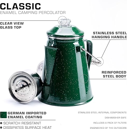 Miniatura 3 de COLETTI Cafetera Percolator clásica la cafetera de camping más nostálgica, ahora modernizada esmalte verde, 12 tazas