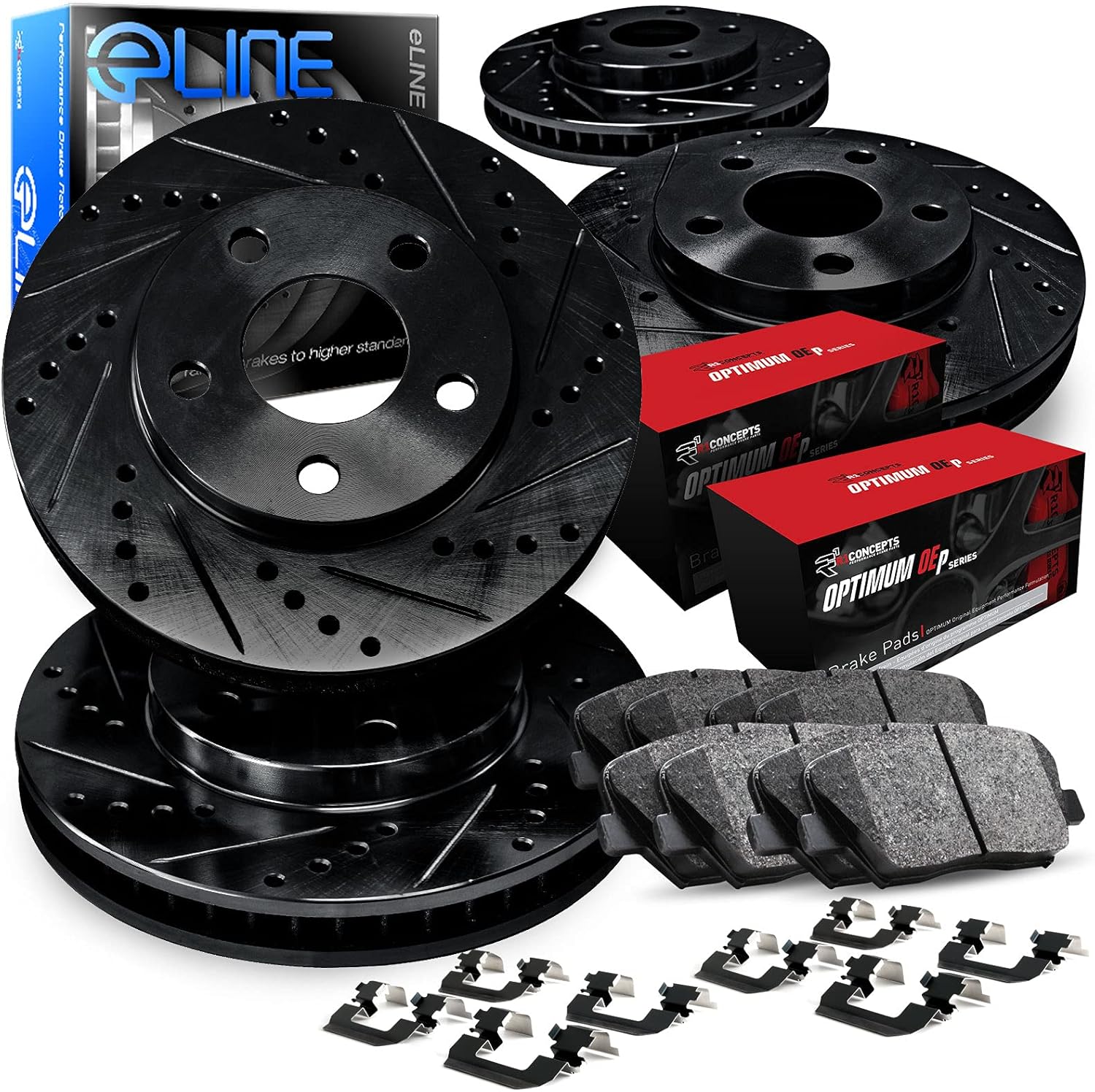 R1 Concepts Front and Rear Brake Kit For 1997-2004 Chevrolet Corvette| Drilled Slotted Brake Rotors| Optimum OEP Brake Pads and Rotors Kit| Hardware included