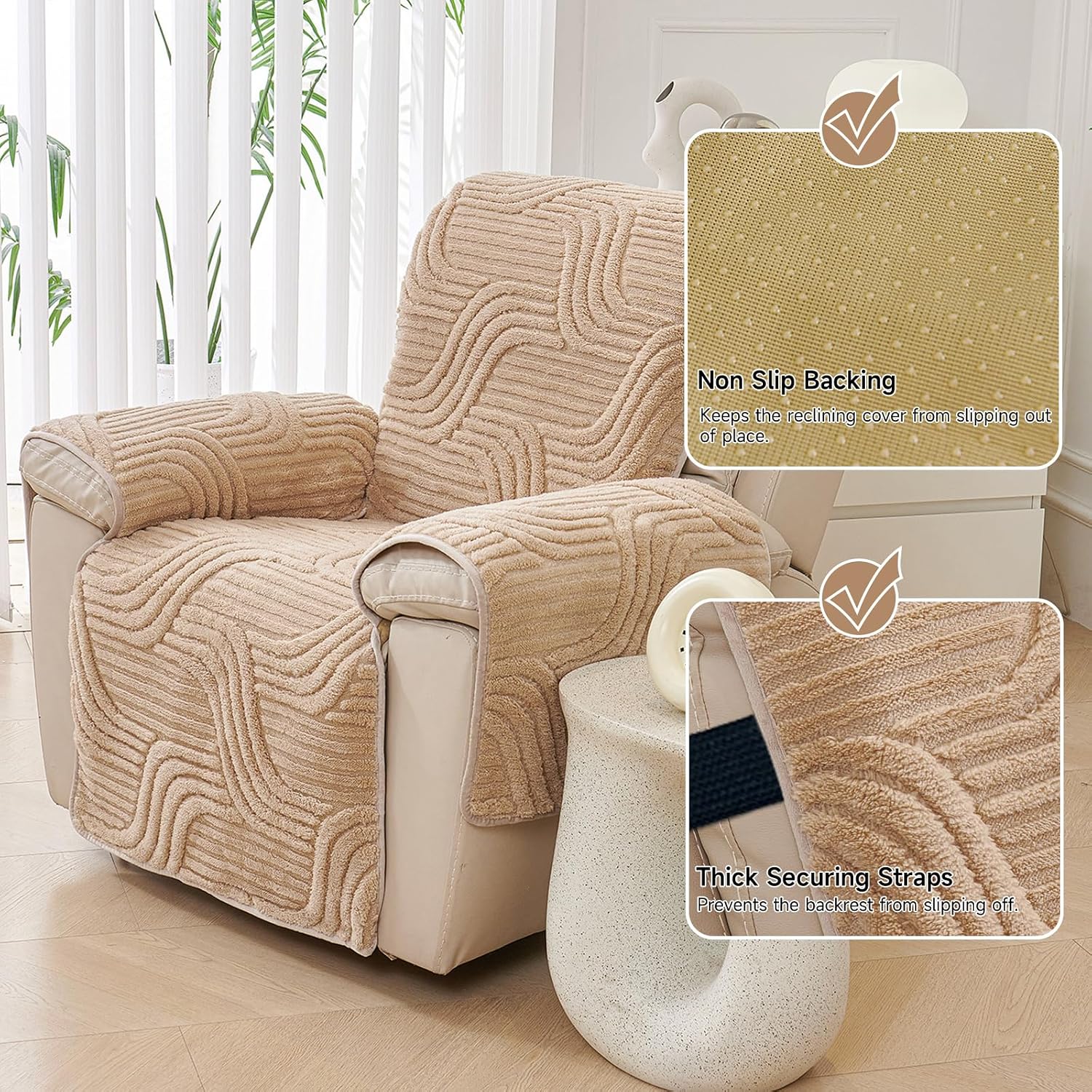 VClife Fuzzy Recliner Chair Cover Pet Friendly Khaki Recliner Protector for Lazy Boy & All Reclining Chairs Washable Furniture Cover Chair Cover for Small Recliner, 23.6"